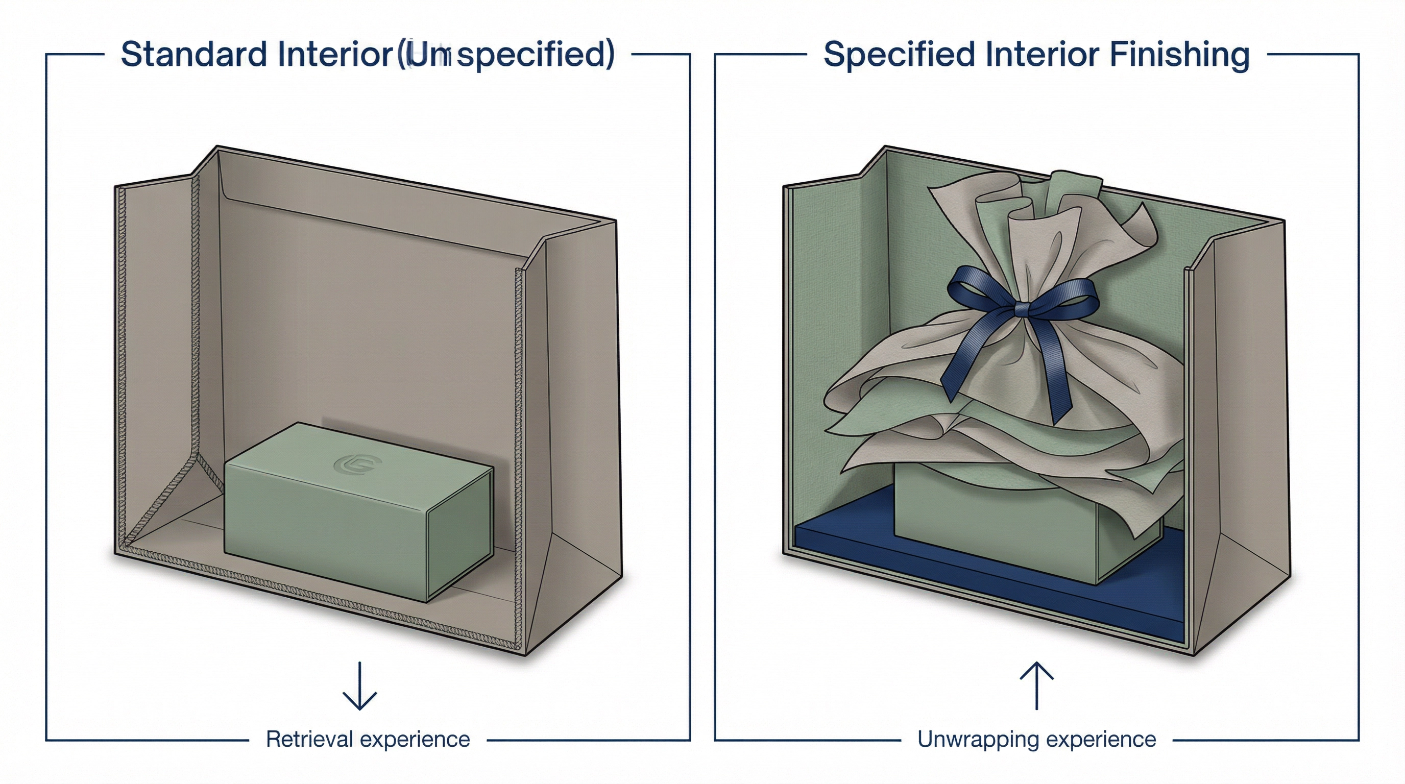 Comparison diagram showing two corporate gift bag interior experiences side by side, one with unfinished utilitarian interior and one with coordinated tissue paper ribbon and presentation layer, illustrating how interior finishing determines whether the opening moment registers as gift unwrapping or item retrieval