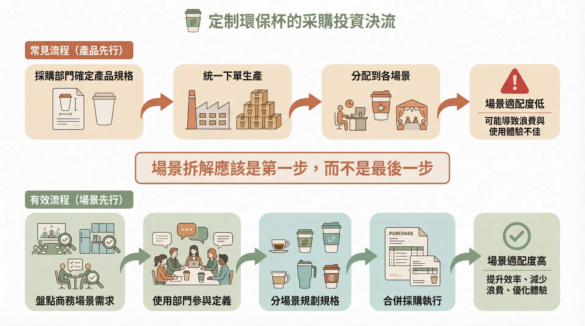 客製化環保杯採購決策流程中場景拆解的正確位置示意圖,對比產品先行與場景先行兩種流程