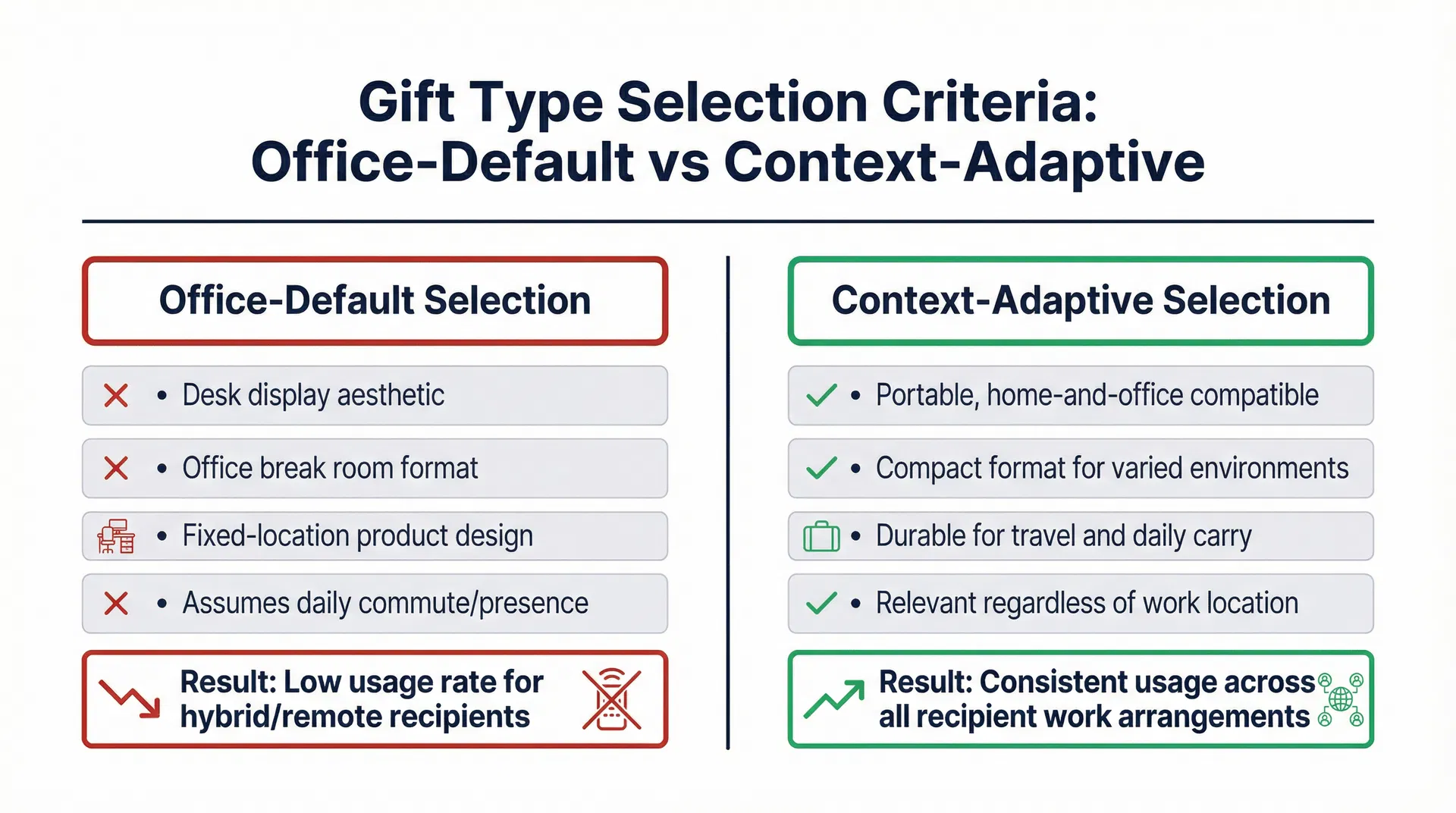 Comparison diagram showing two gift type selection approaches: one that assumes office-based usage context versus one that accounts for hybrid and remote work arrangements, with different product design criteria and usage outcomes