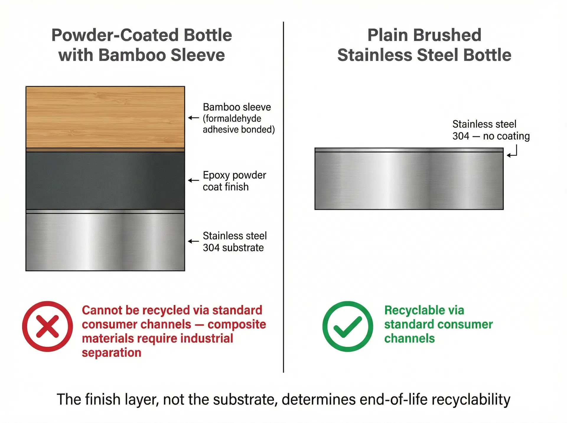 Cross-section comparison of two custom drinkware items showing how the finish layer determines end-of-life recyclability: a powder-coated bottle with bamboo sleeve (not recyclable via standard channels) versus a plain brushed stainless steel bottle (recyclable via standard channels)