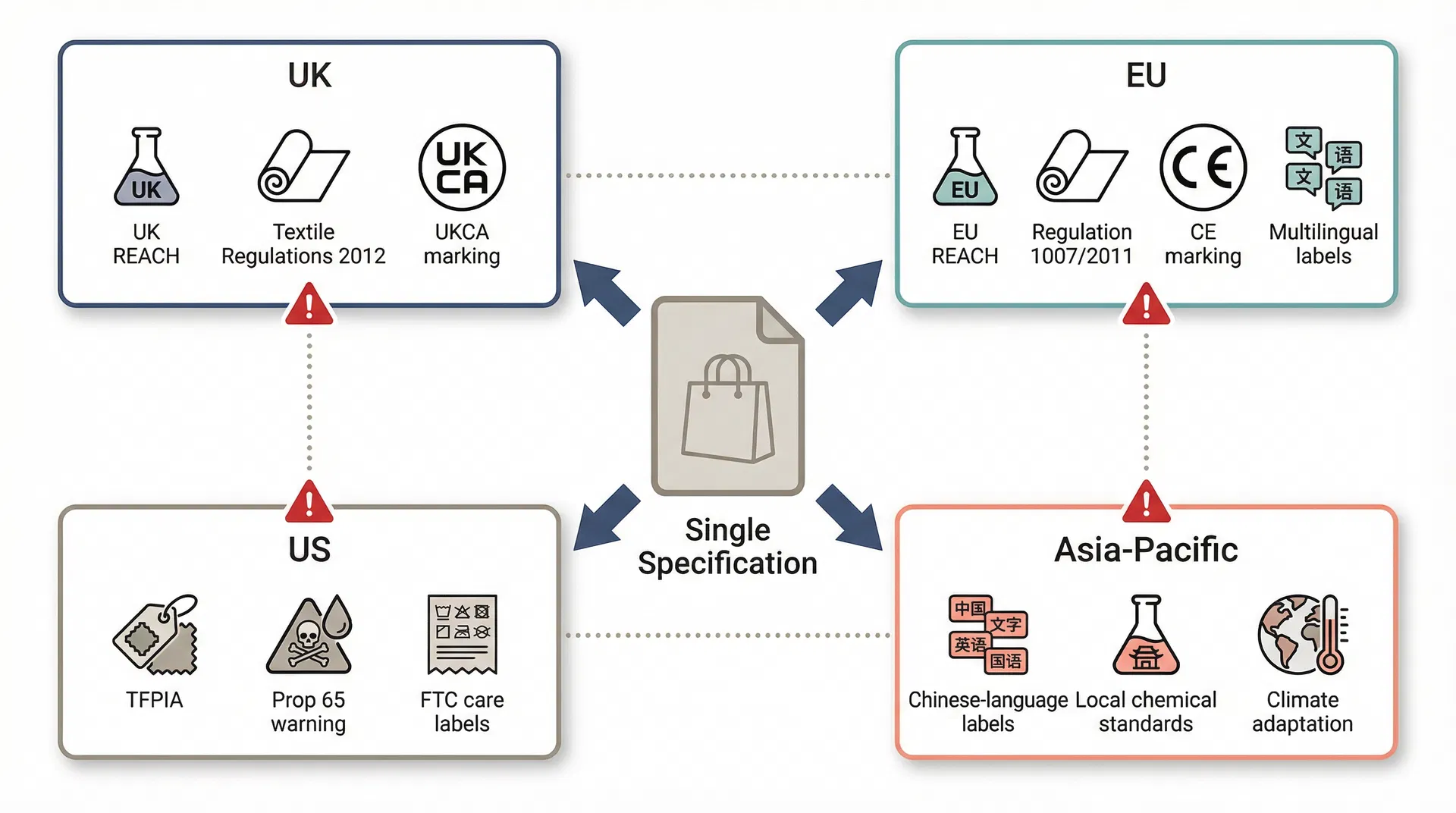 Regulatory divergence map showing how a single bag specification encounters different compliance requirements across UK, EU, US, and Asia-Pacific markets