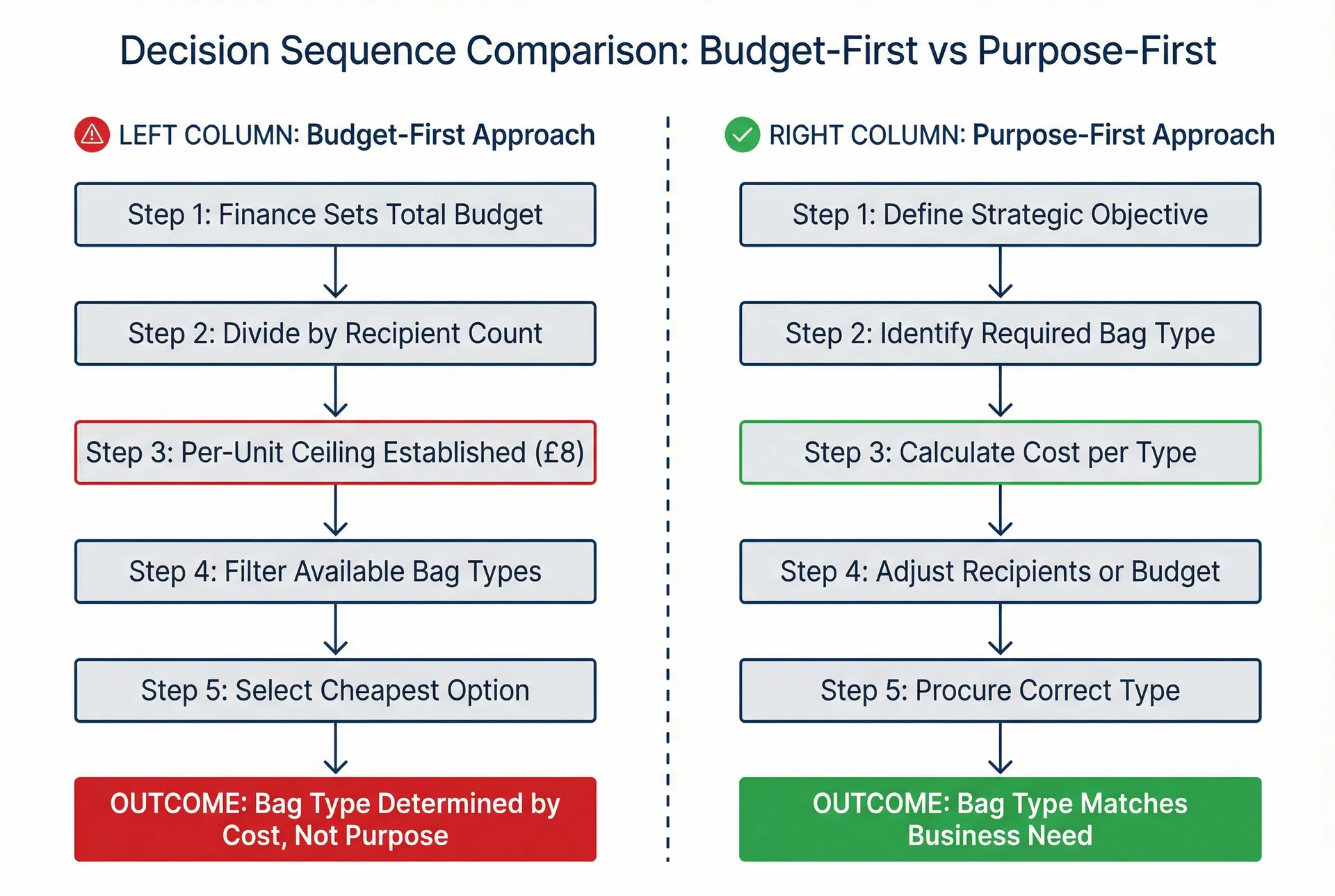 Decision sequence comparison showing budget-first vs purpose-first procurement approaches and their effect on bag type availability