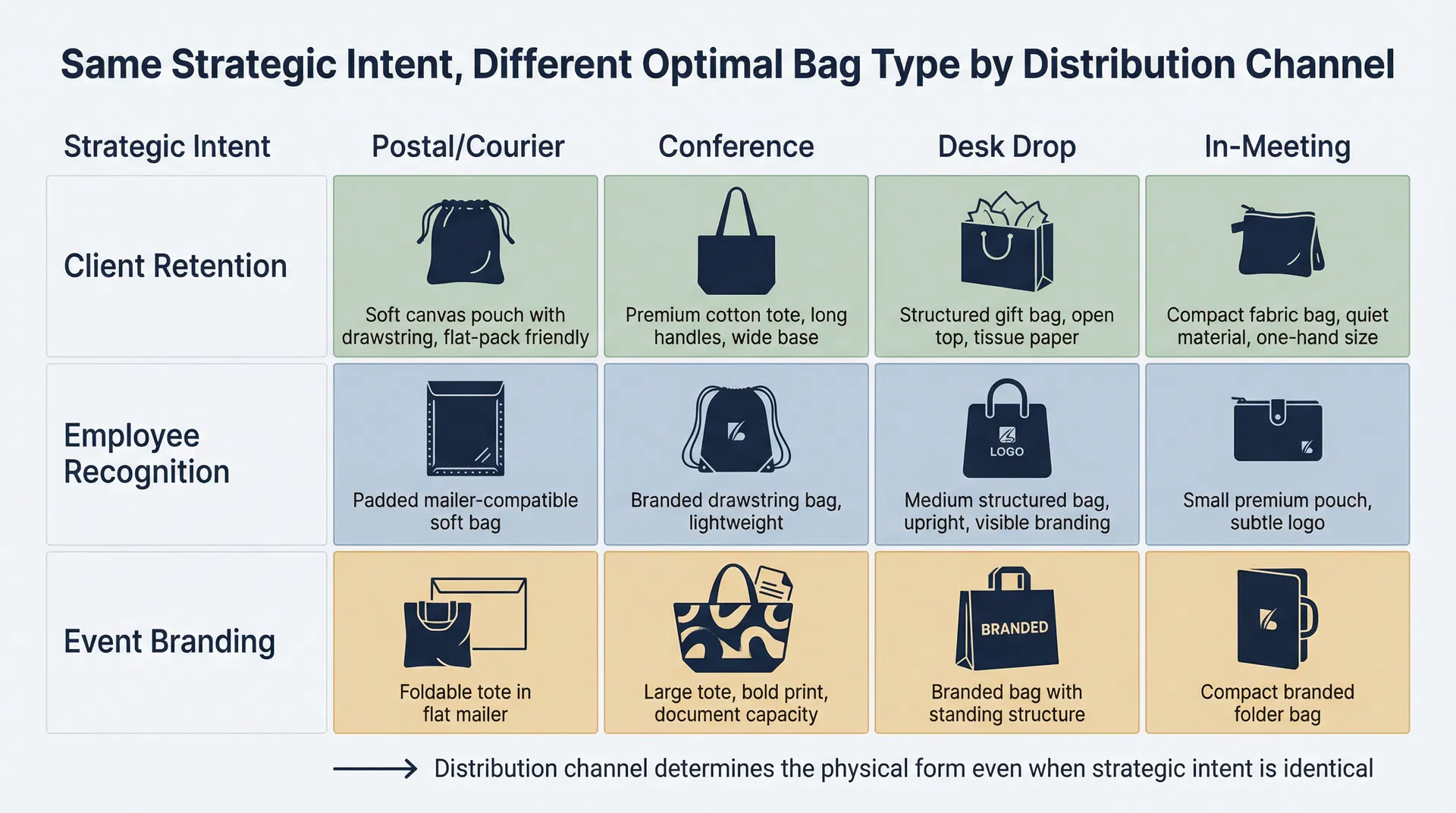 Comparison showing how the same strategic intent produces different optimal bag types depending on whether distribution is postal, event-based, desk-drop, or hand-delivered