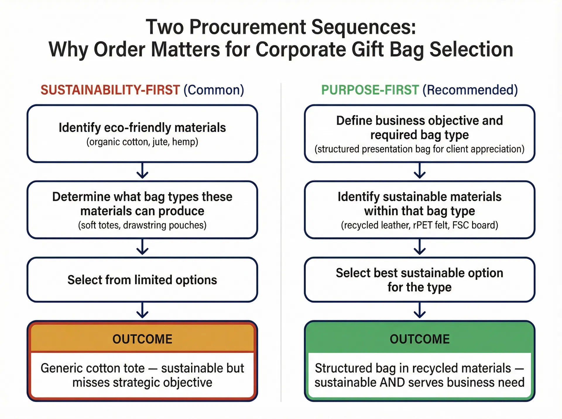 Comparison diagram showing two procurement sequences: sustainability-first producing a default cotton tote vs purpose-first producing a sustainable structured presentation bag