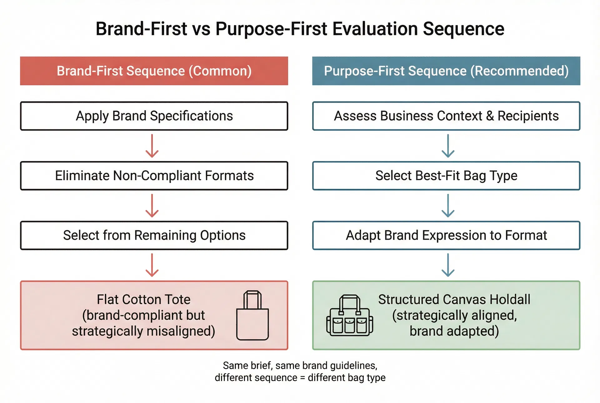 Comparison showing how the same brand logo specification produces different viable bag type options depending on whether brand compliance is applied before or after strategic assessment