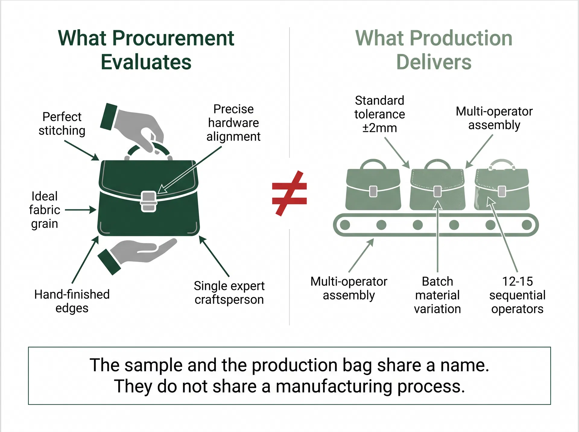 Comparison diagram showing what procurement evaluates in a single sample versus what production delivers at scale, highlighting the fundamental difference in manufacturing process