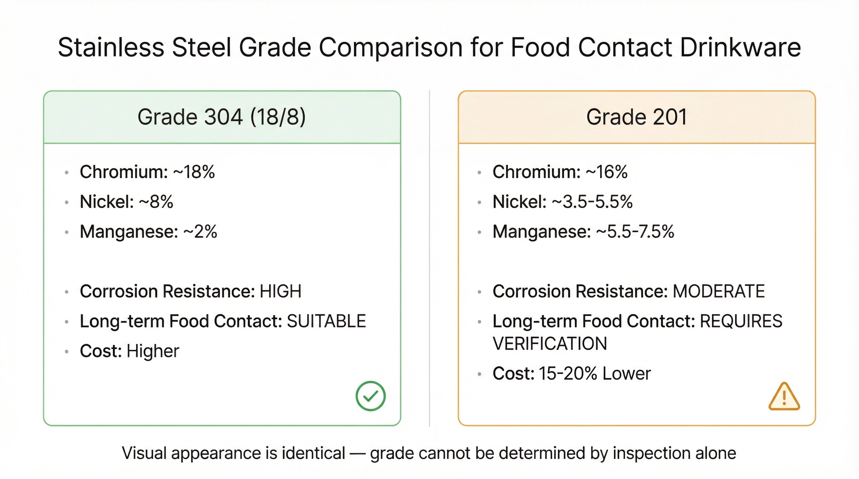 Stainless steel grade 304 versus 201 composition and food contact suitability comparison for drinkware