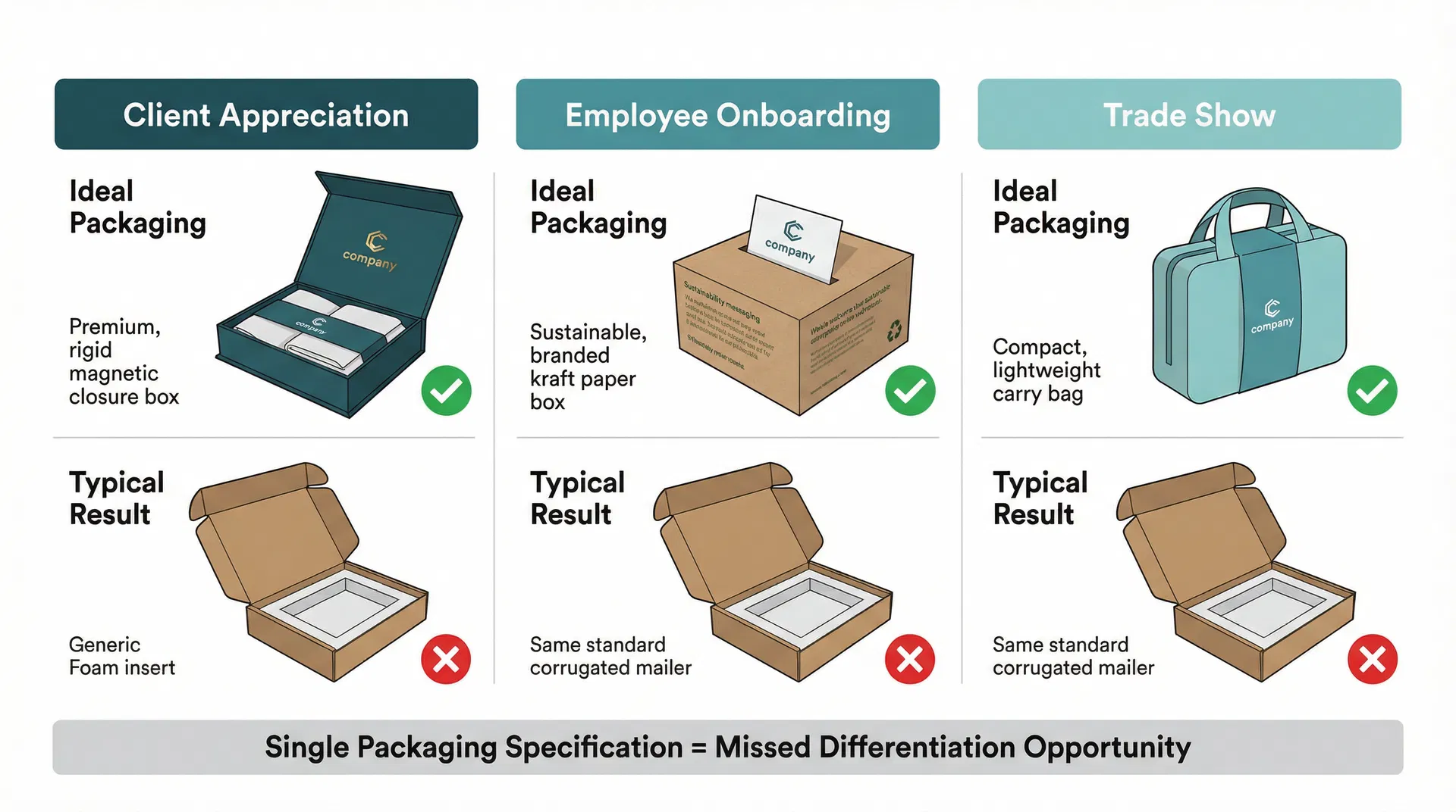 Comparison of three corporate gifting occasions showing how different contexts require different packaging approaches versus the single standard packaging typically procured