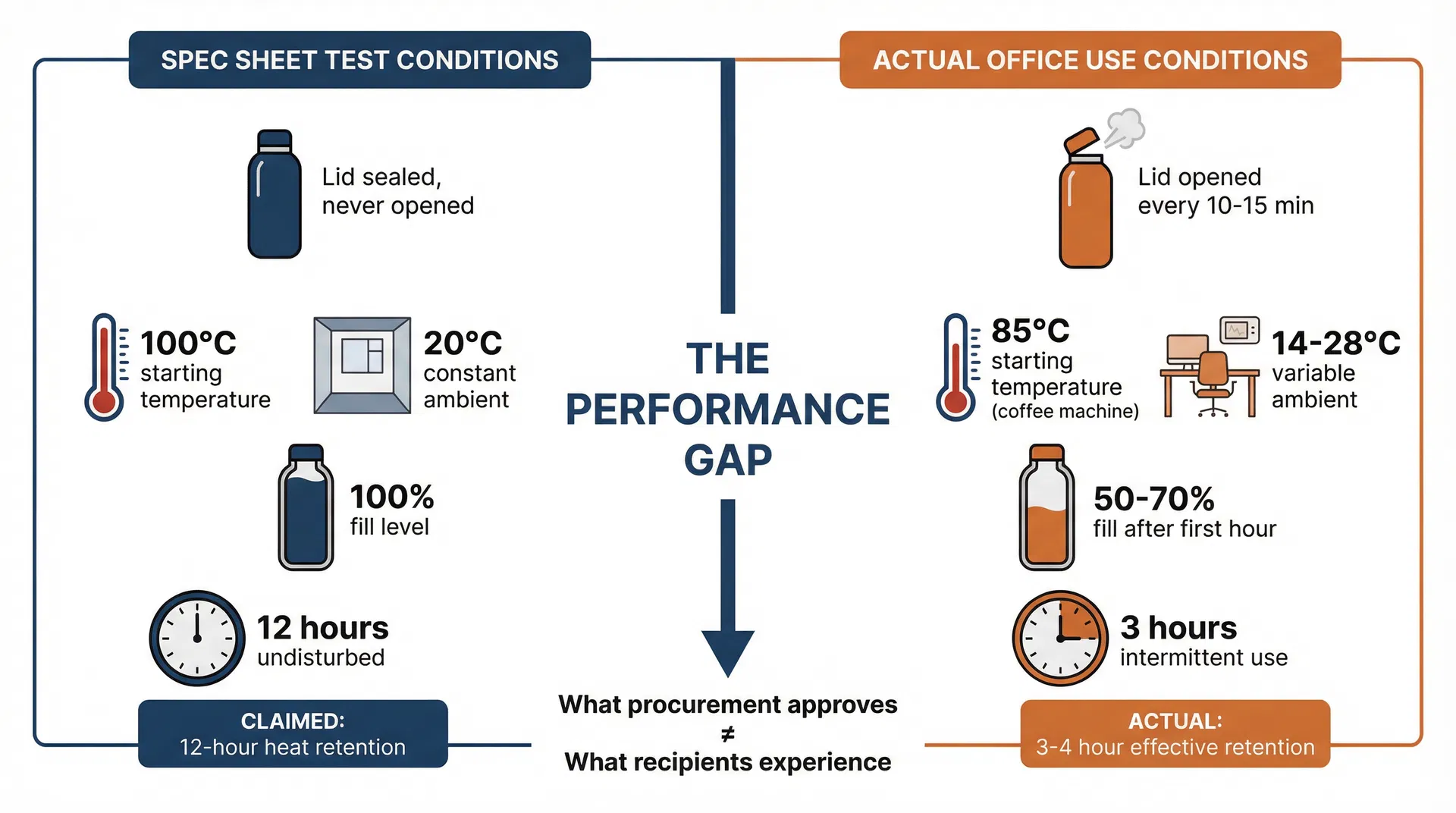 Comparison of spec sheet test conditions versus actual office use conditions showing the insulation performance gap