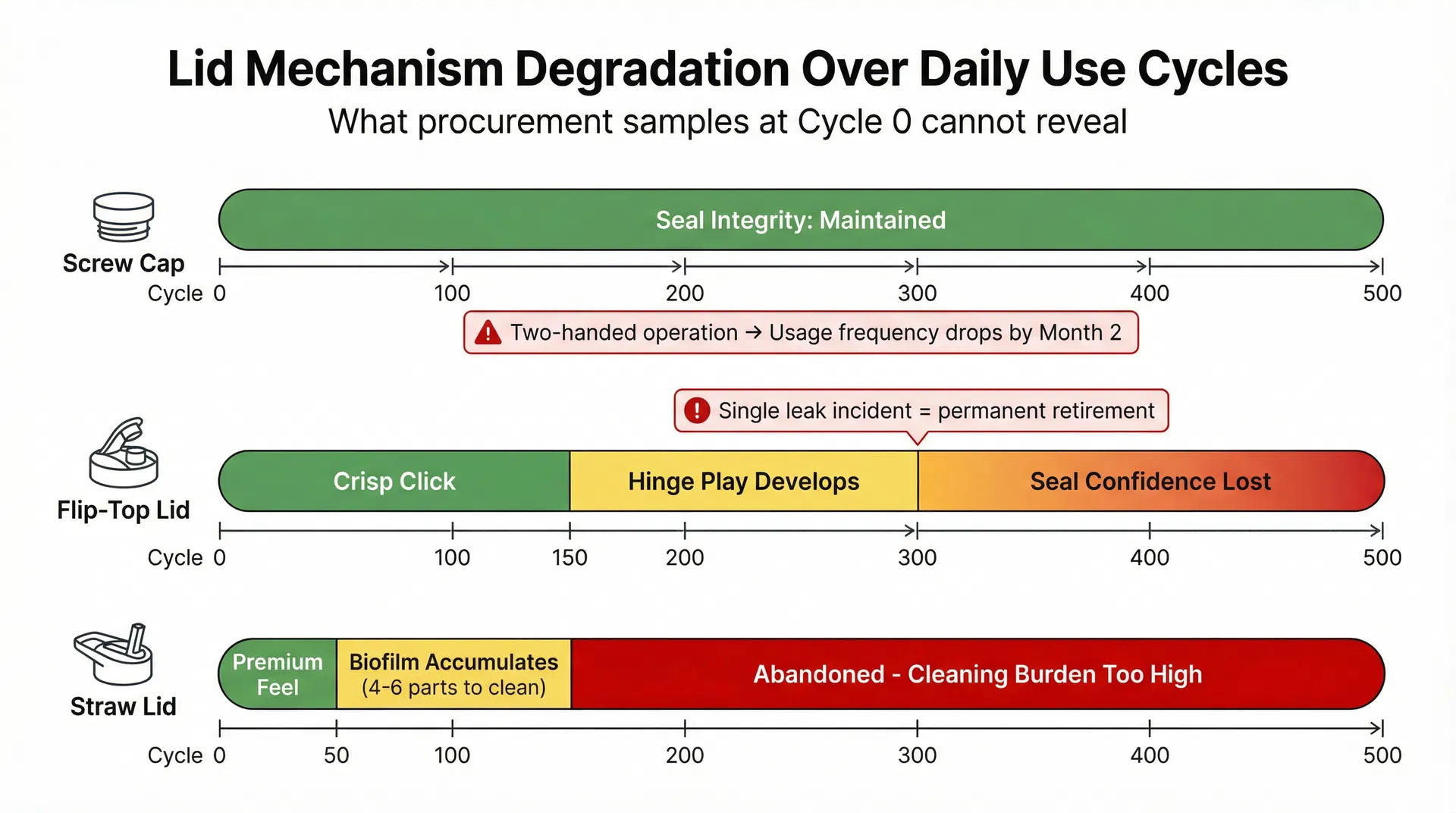 Diagram showing how different lid mechanisms degrade over daily use cycles in corporate drinkware gifts