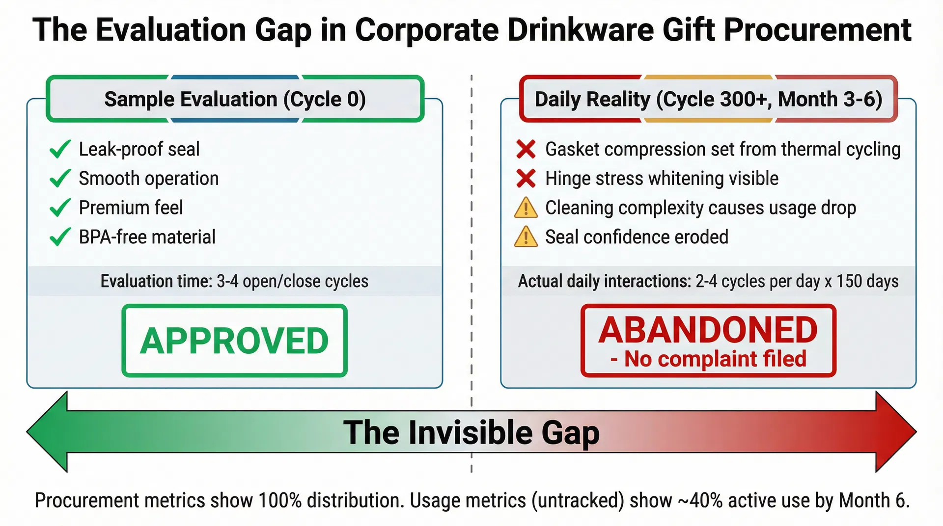 Comparison showing sample evaluation moment versus actual daily-use degradation timeline for corporate drinkware lid mechanisms