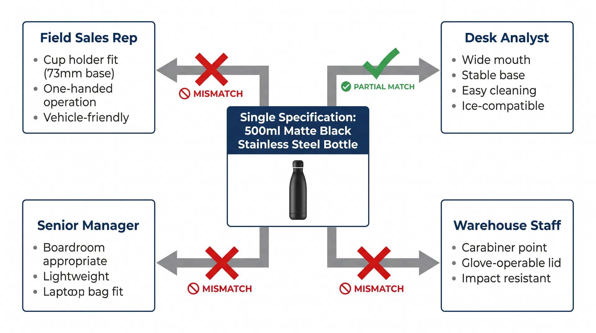 Diagram showing how a single drinkware specification maps against four distinct recipient usage profiles in a corporate gift programme
