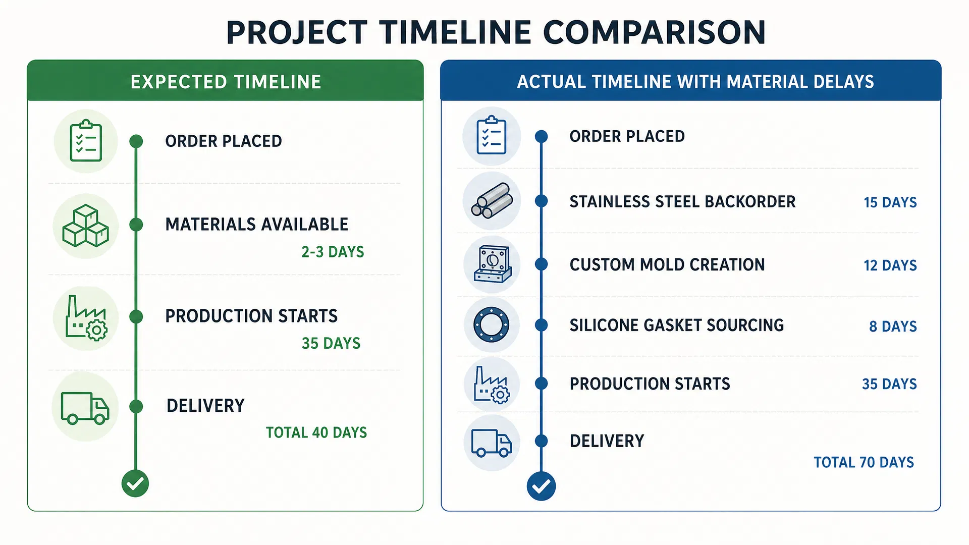 Comparison diagram showing expected timeline (40 days) versus actual timeline with material delays (70 days), including stainless steel backorder, custom mold creation, and silicone gasket sourcing phases