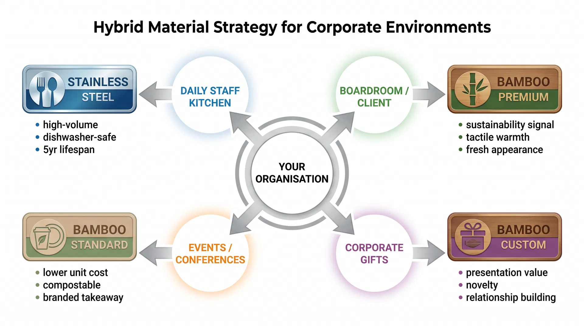 Diagram showing a hybrid cutlery material strategy with stainless steel allocated to high-frequency daily use and bamboo allocated to client-facing, event, and gift contexts