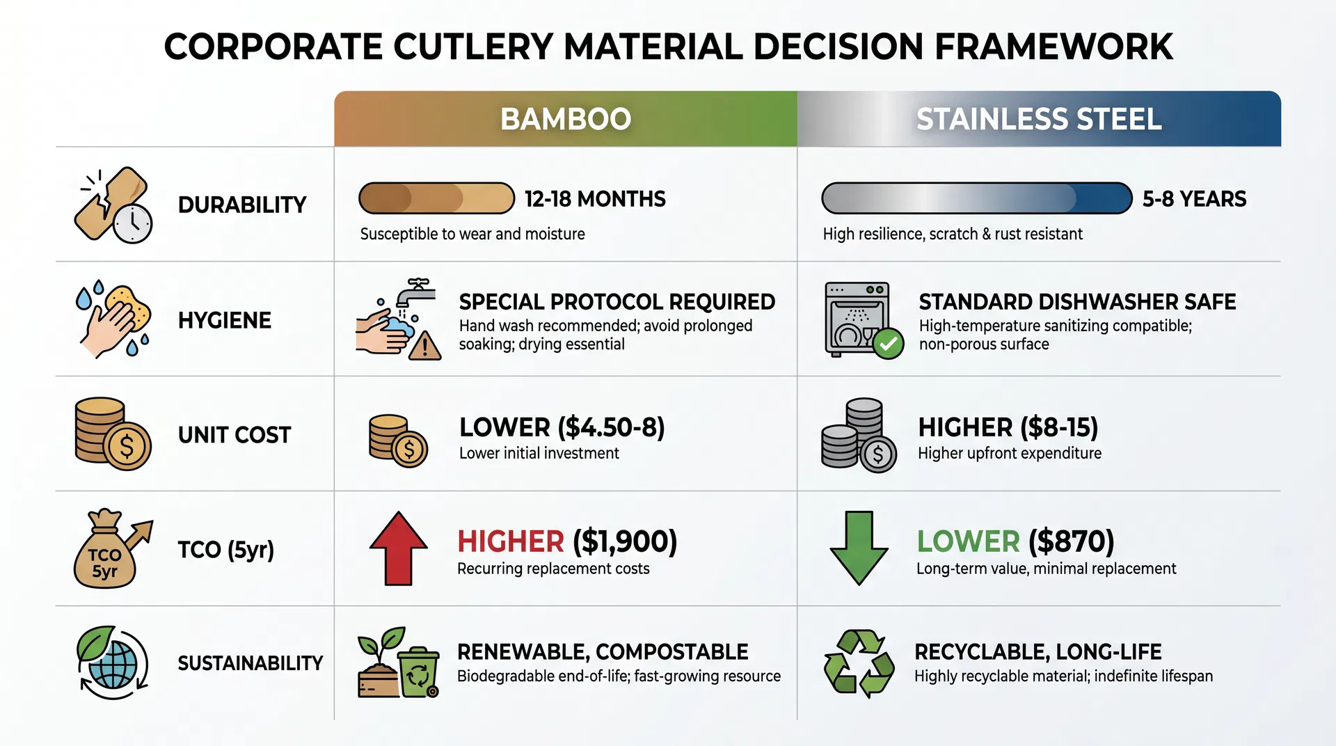 Decision framework diagram comparing bamboo and stainless steel cutlery across five corporate procurement criteria including durability, hygiene, cost, sustainability, and use-case fit