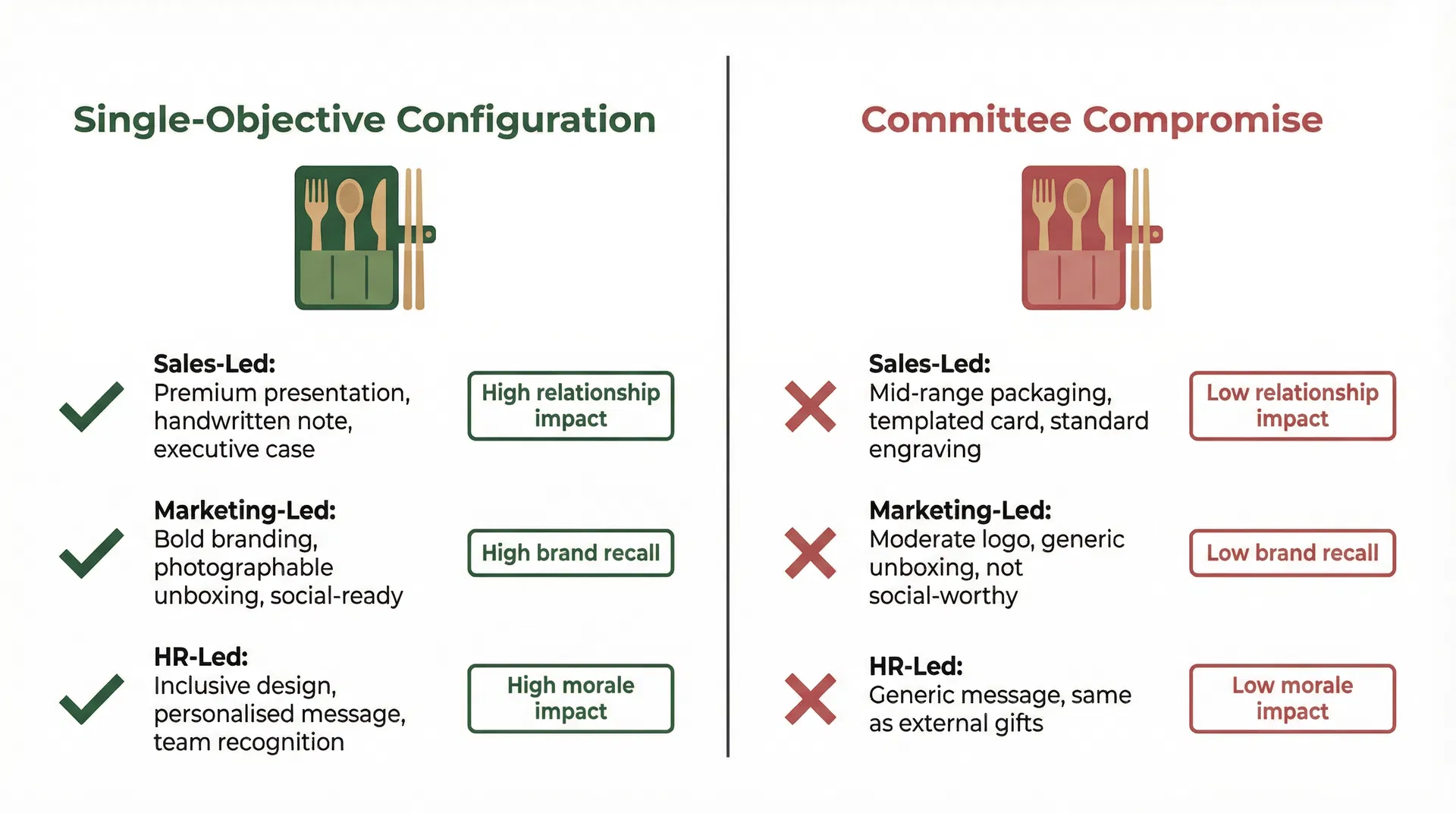 Comparison showing how the same bamboo cutlery set configured for a single clear objective versus configured through committee compromise produces different recipient outcomes