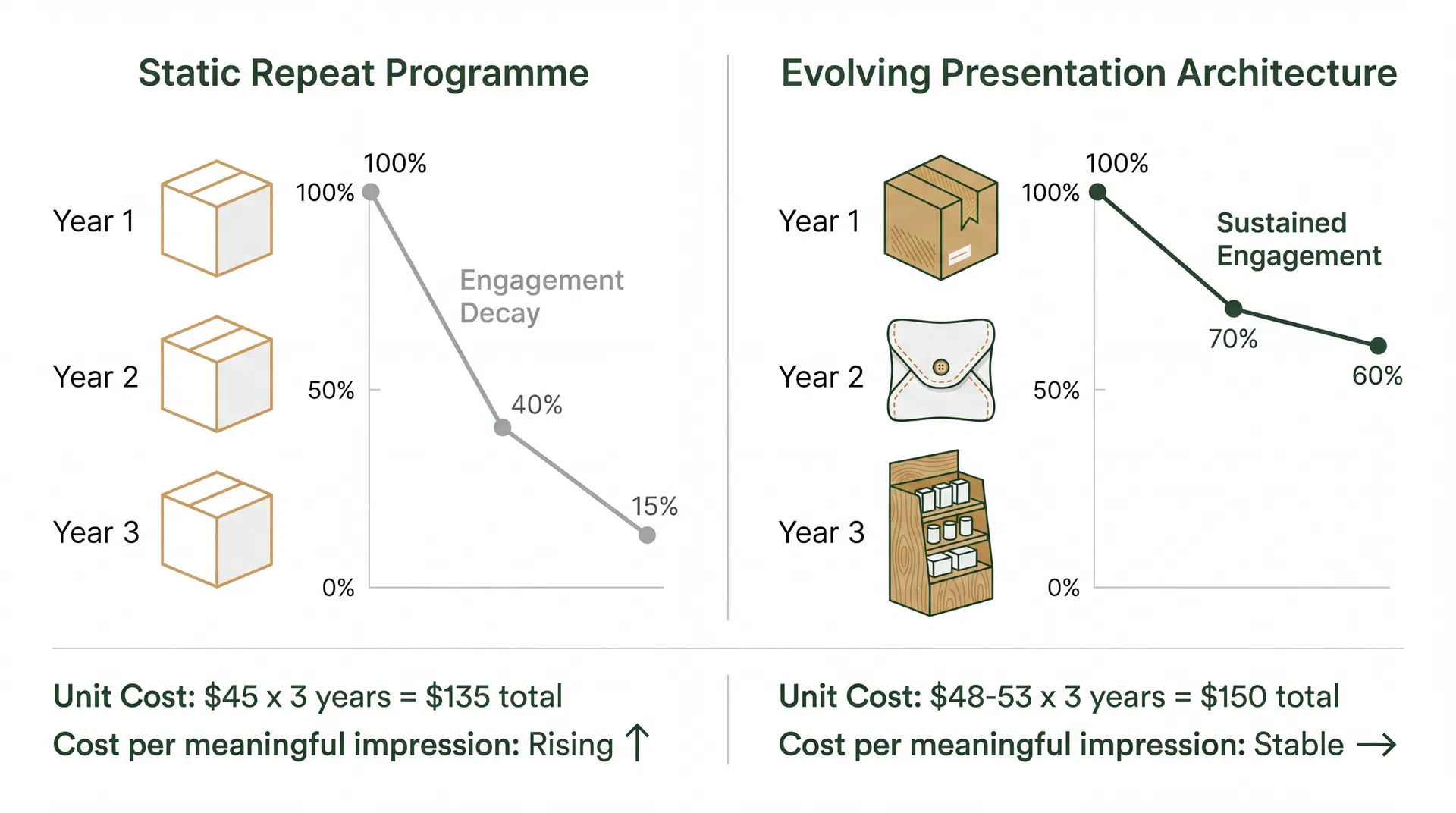 Comparison showing how a static repeat gift specification versus an evolving presentation architecture affects recipient engagement metrics across three programme years