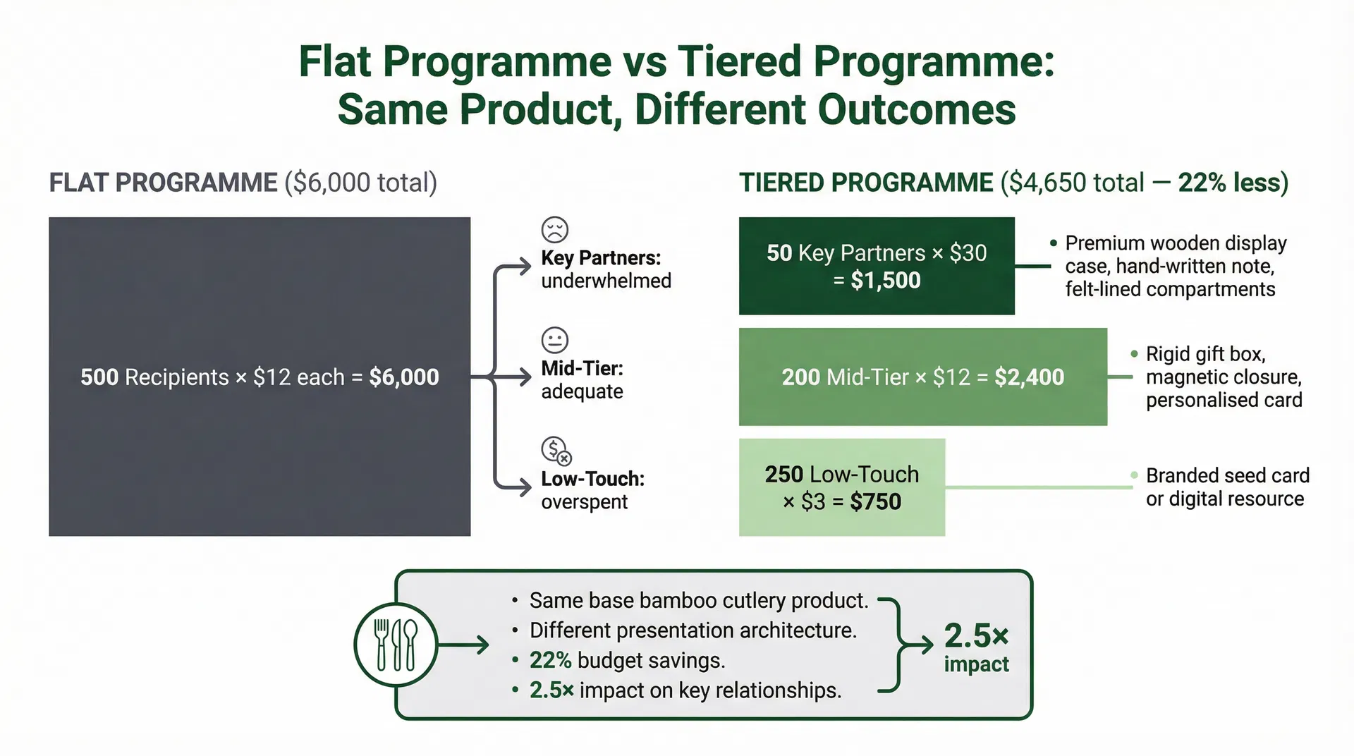 Comparison chart showing budget allocation and relationship impact between a flat gift programme and a tiered gift programme for branded bamboo cutlery