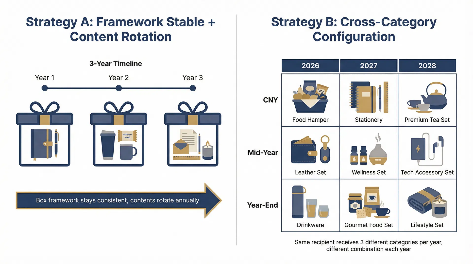 企業禮品品類年度輪換策略示意：框架不變內容輪換 vs 品類交叉配置