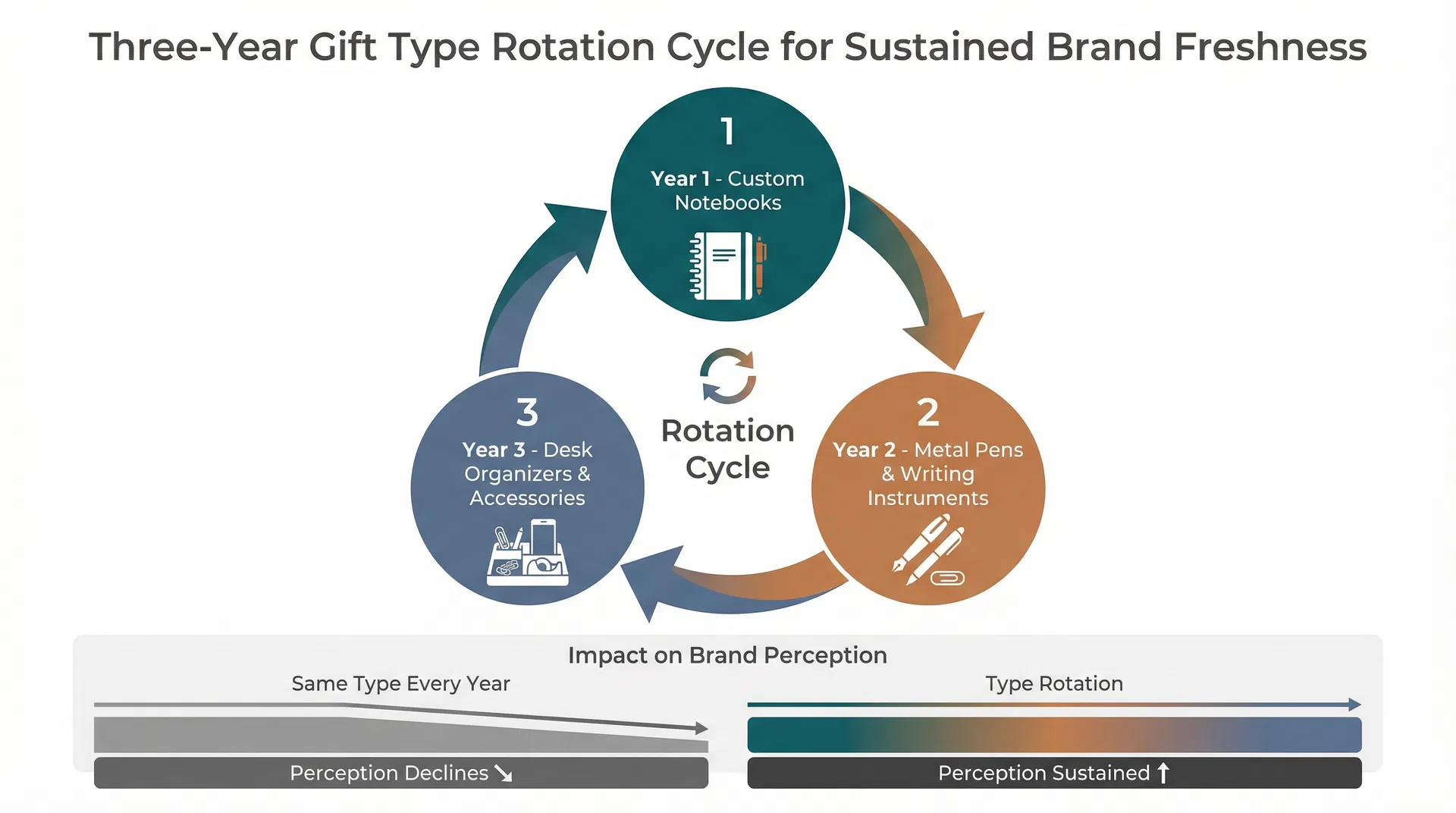 Diagram illustrating a three-year gift type rotation cycle and its effect on sustaining brand freshness