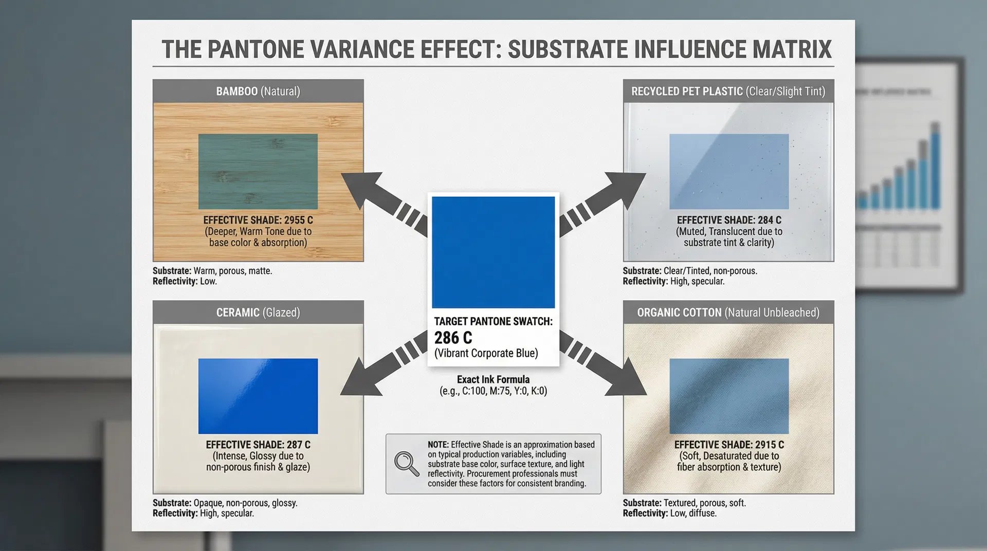 Matrix diagram showing how a single target Pantone blue shifts in appearance across bamboo, recycled PET, ceramic, and organic cotton
