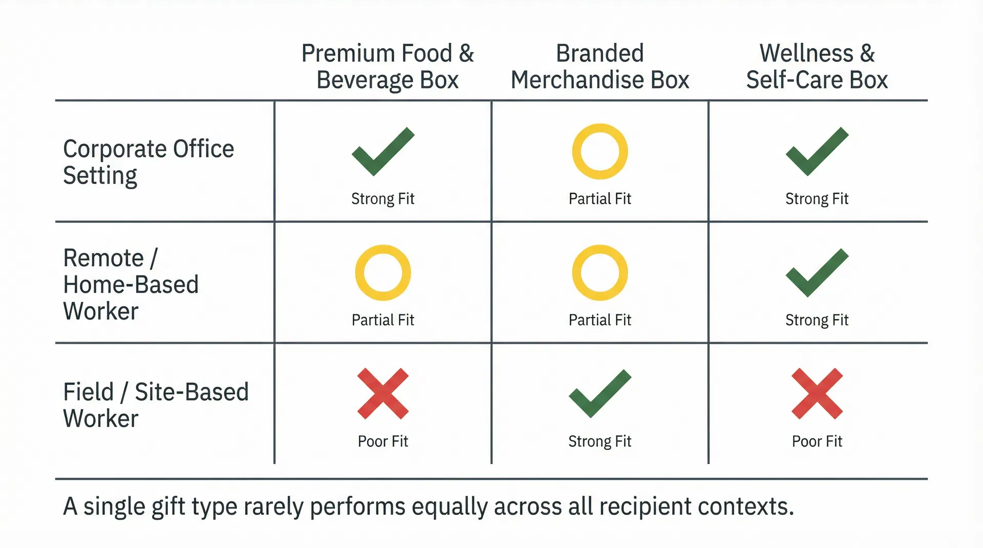 Matrix diagram comparing how three common corporate gift box types — premium food and beverage, branded merchandise, and wellness self-care — perform across three different recipient contexts: corporate office, remote home-based worker, and field site-based worker.