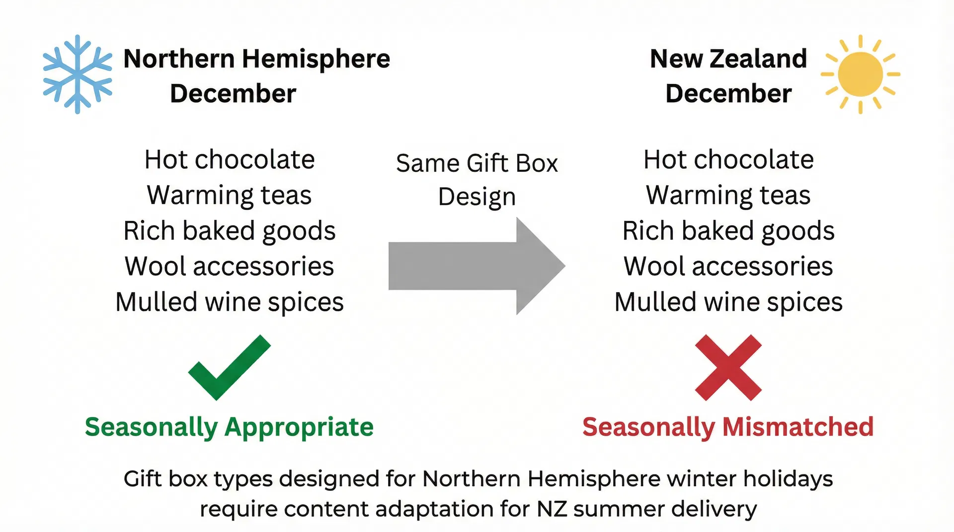Comparison diagram showing how a gift box designed for Northern Hemisphere December with winter-appropriate contents like hot chocolate and warming teas becomes seasonally mismatched when delivered in New Zealand's summer December.