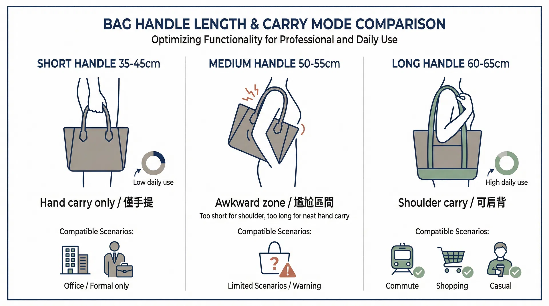 企業禮品袋提把長度與攜帶方式對應關係的比較圖