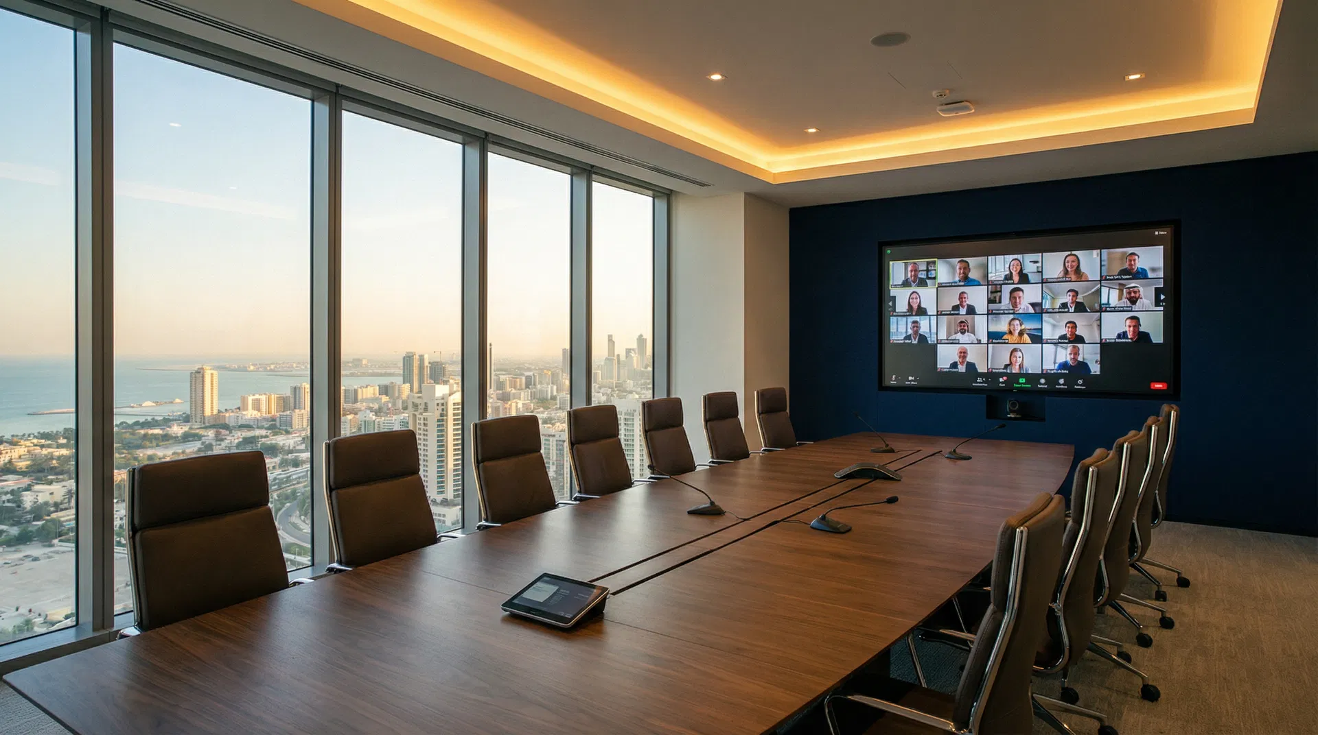 Modern boardroom with video conferencing