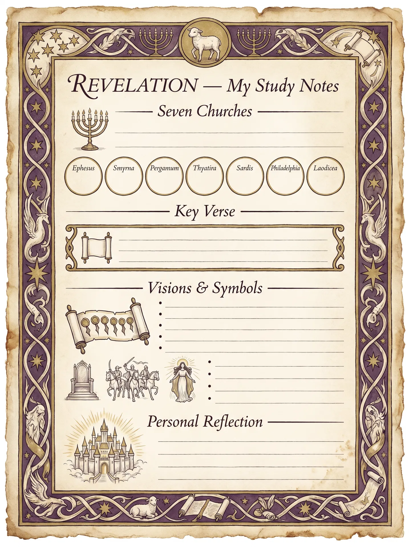Revelation Bible Study Personal Journal Template — printable verse-by-verse reflection worksheet