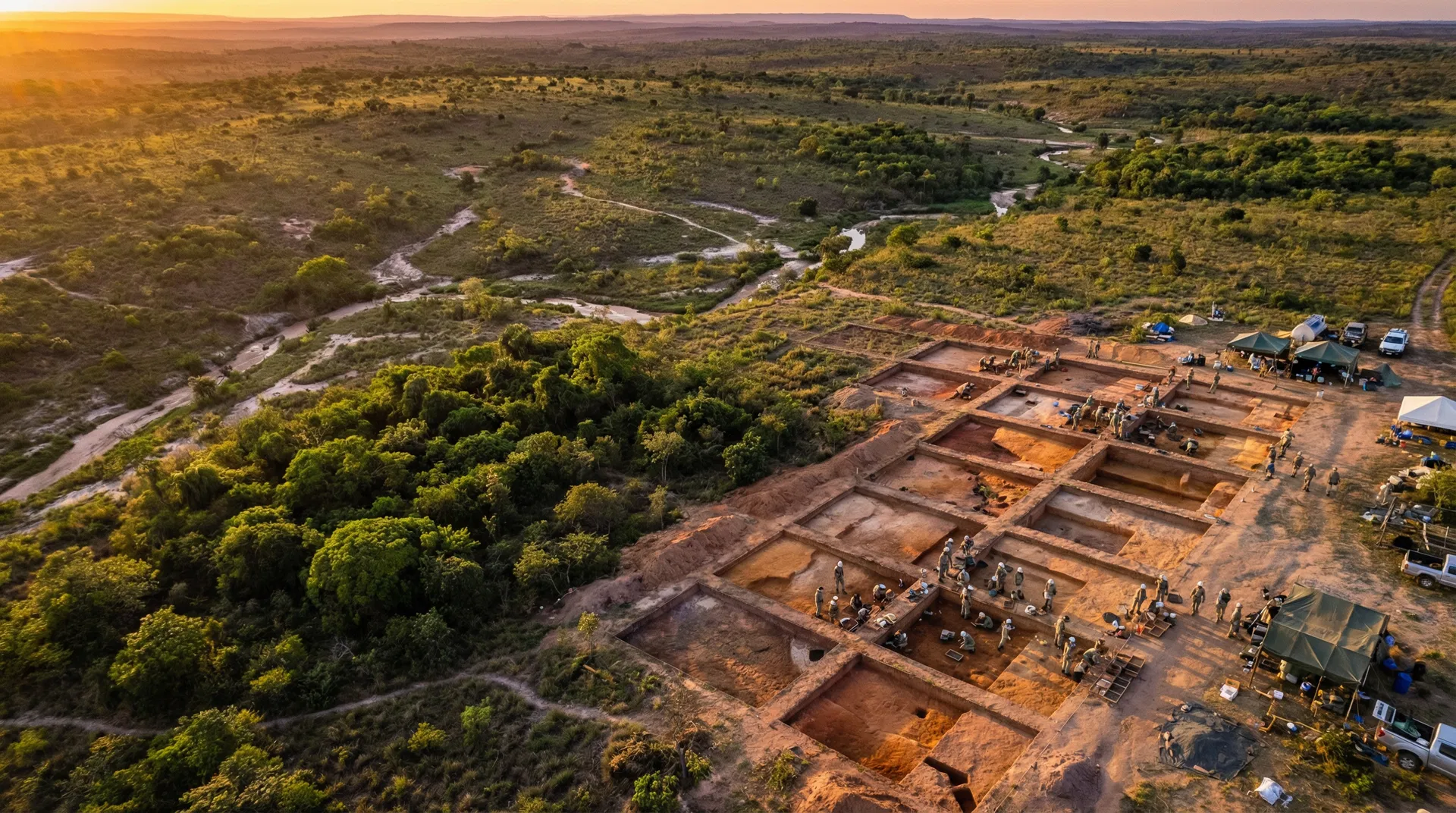 Vista aérea de escavação arqueológica realizada pela Arqueologika em sítio de mineração