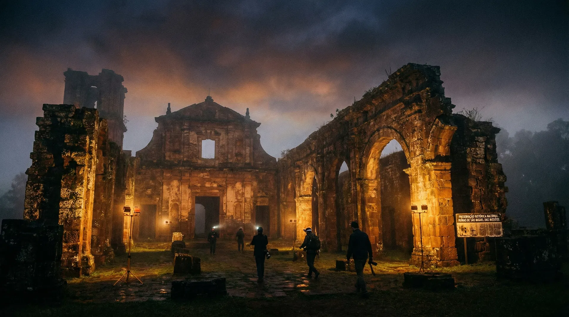 Ruínas históricas brasileiras iluminadas ao entardecer