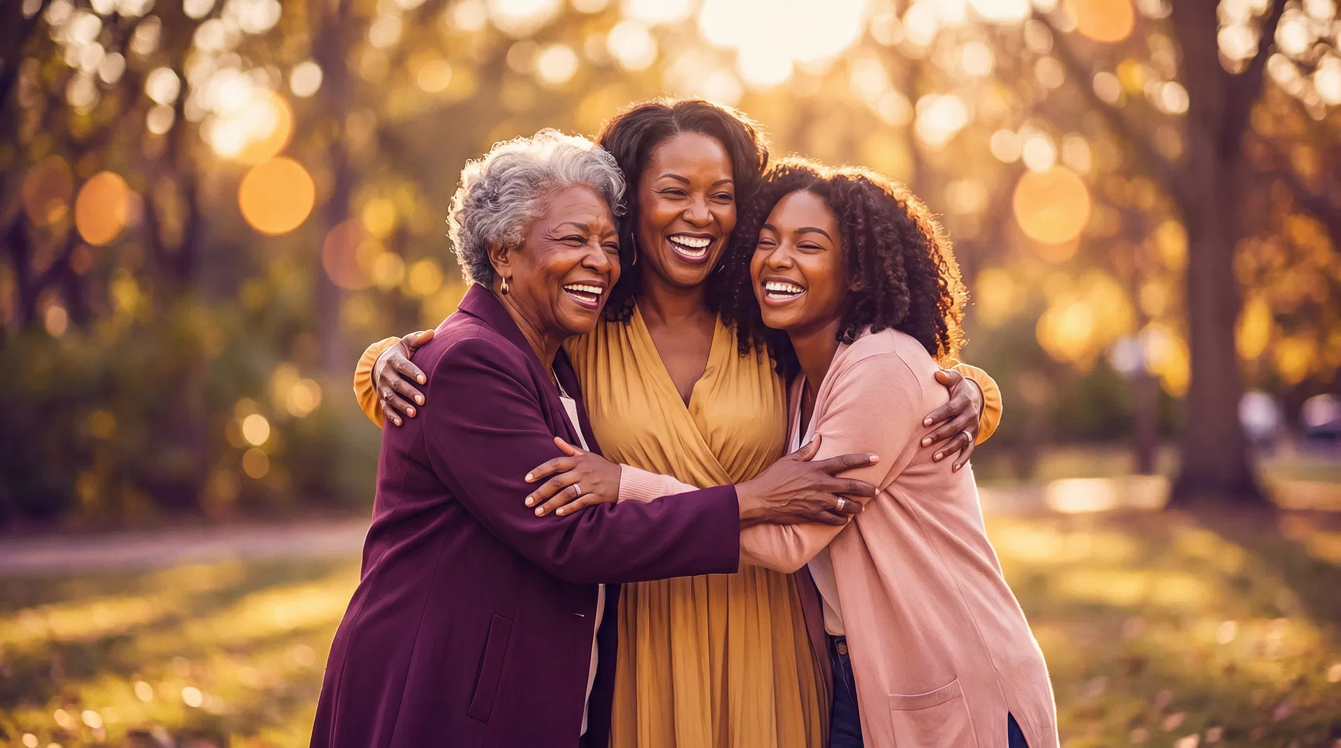 Three Black women embracing joyfully