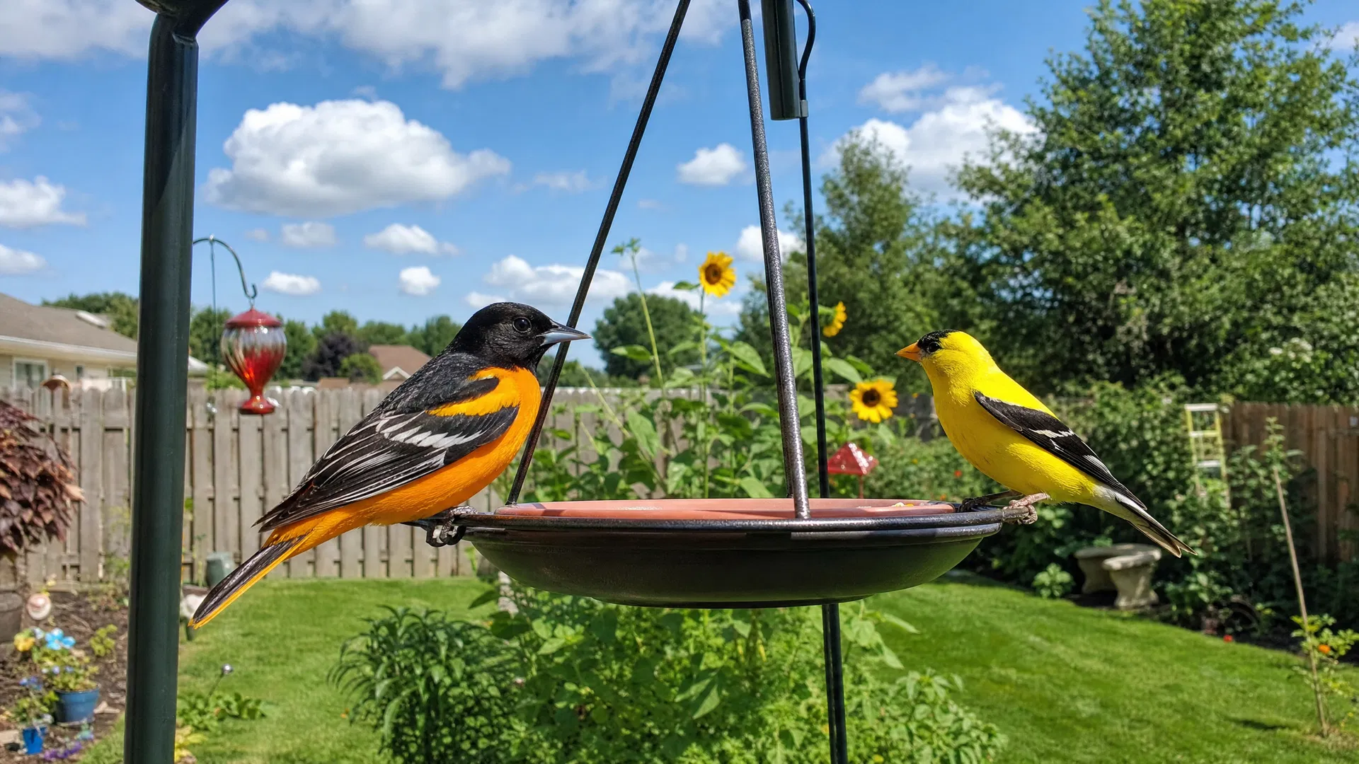 Baltimore Oriole and American Goldfinch at a backyard feeder in the Midwest