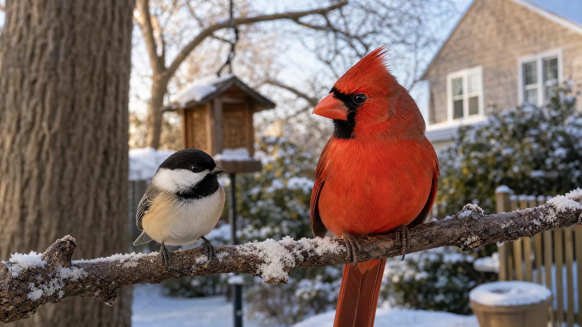 Black-capped Chickadee and Northern Cardinal perched on a snowy branch in a Northeast backyard