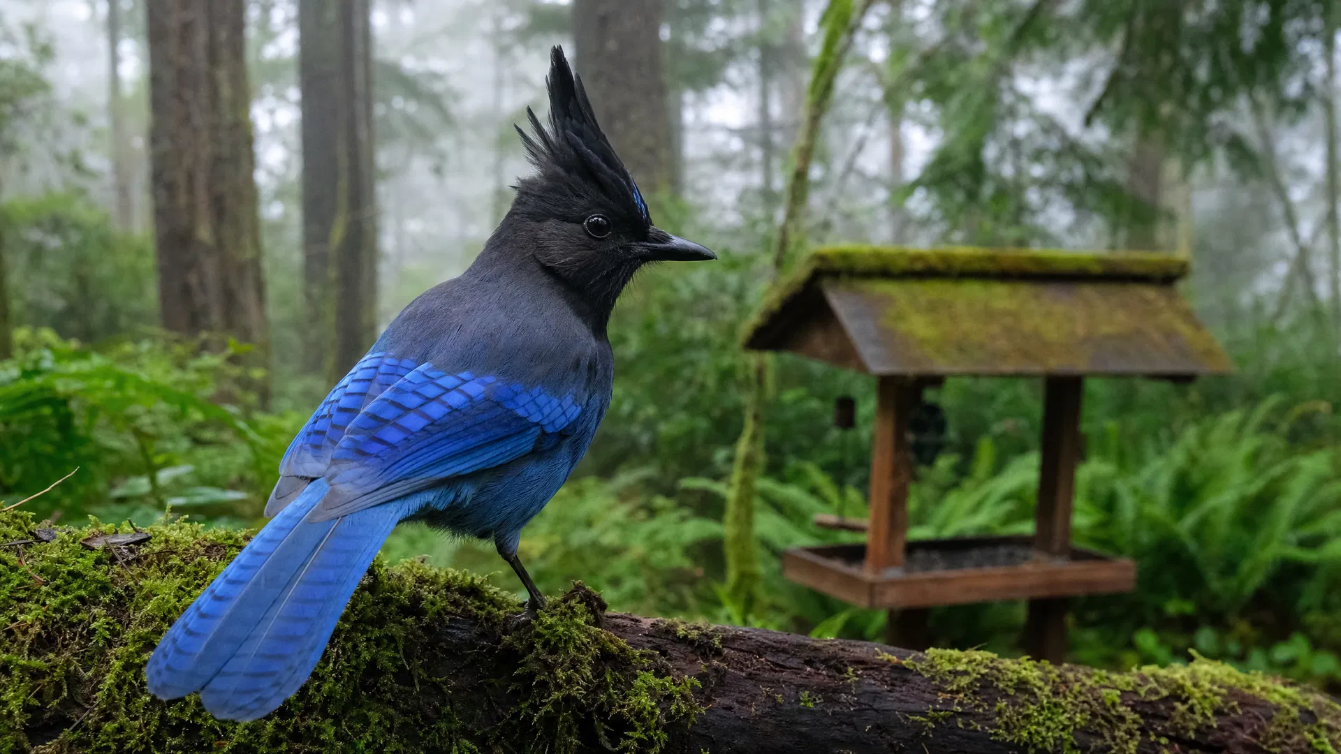 Steller's Jay perched on a mossy log in a misty Pacific Northwest rainforest garden