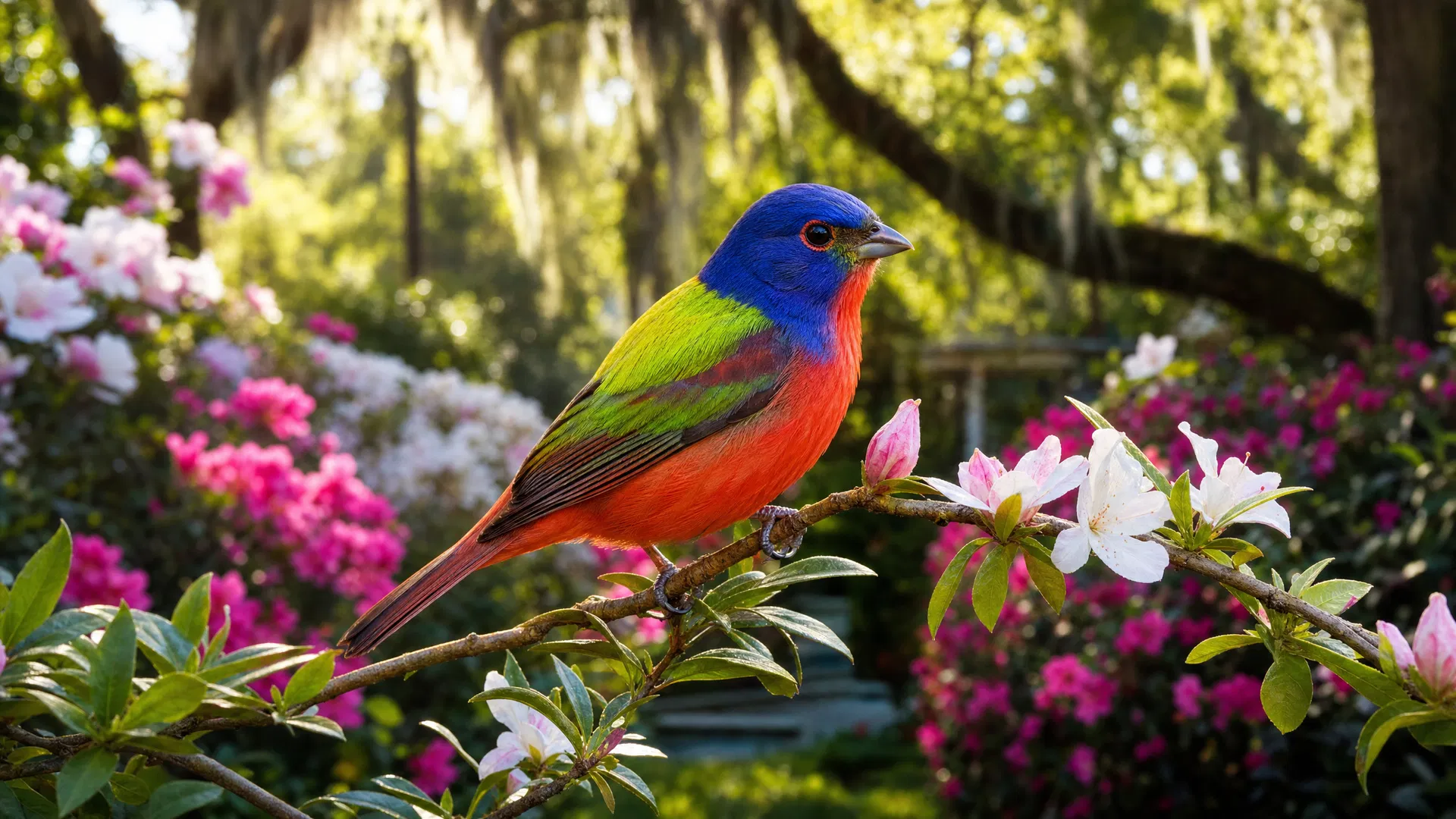 Painted Bunting perched on a flowering azalea branch in a lush Southern garden
