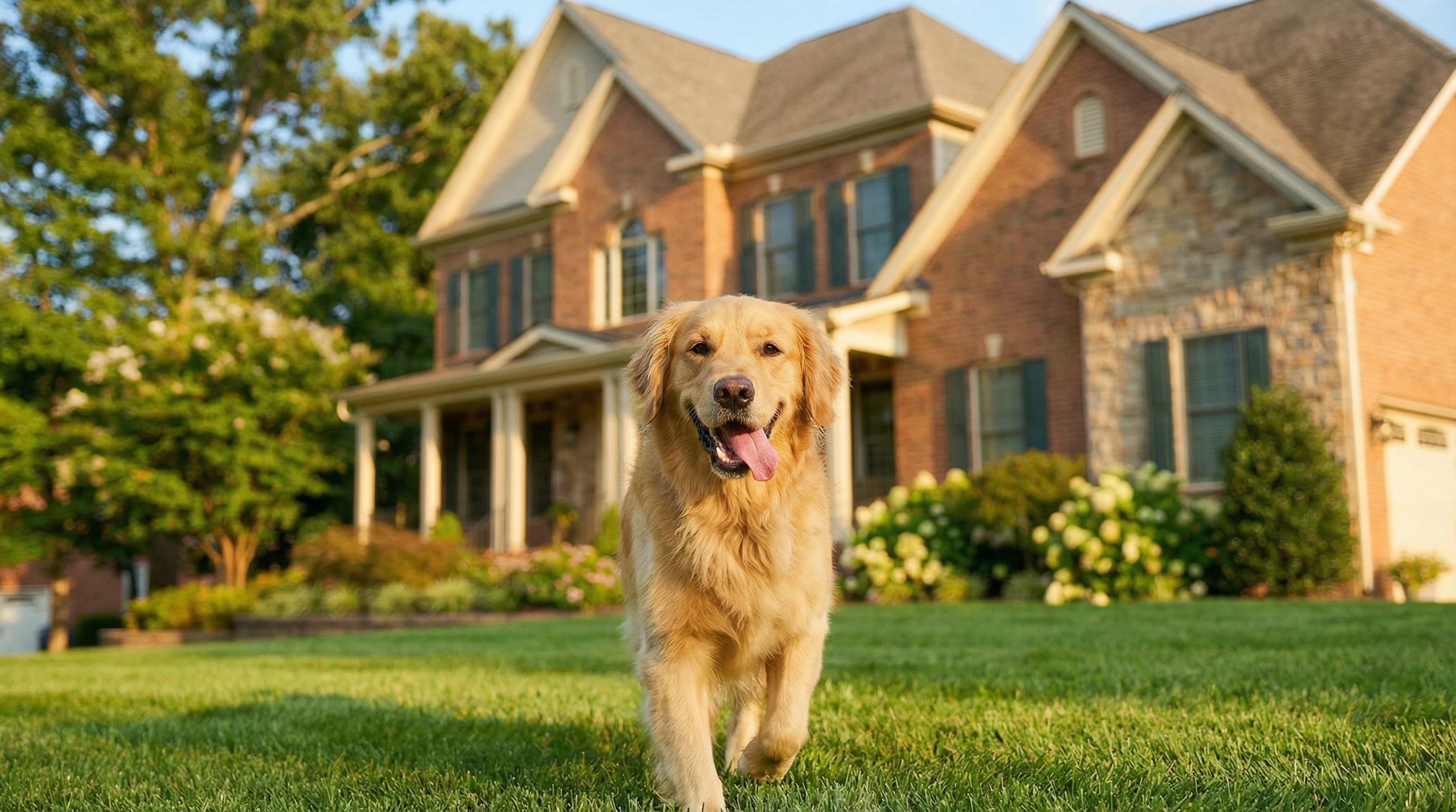 Happy golden retriever running freely in front of an upscale brick colonial home in Chesterfield County