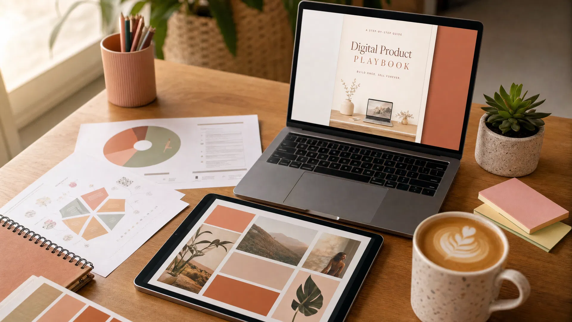 Creative workspace with digital products