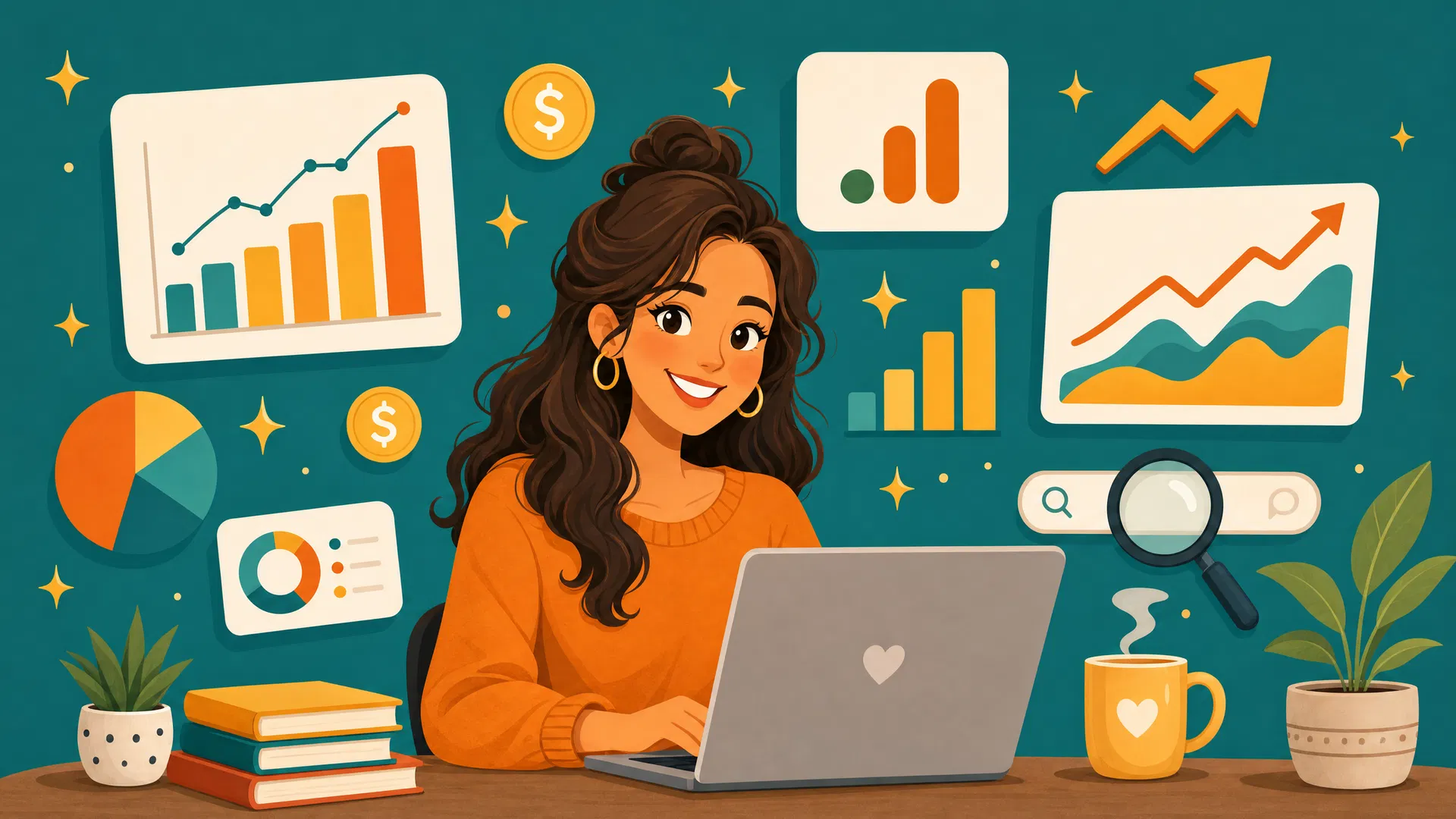 Woman at laptop surrounded by analytics charts