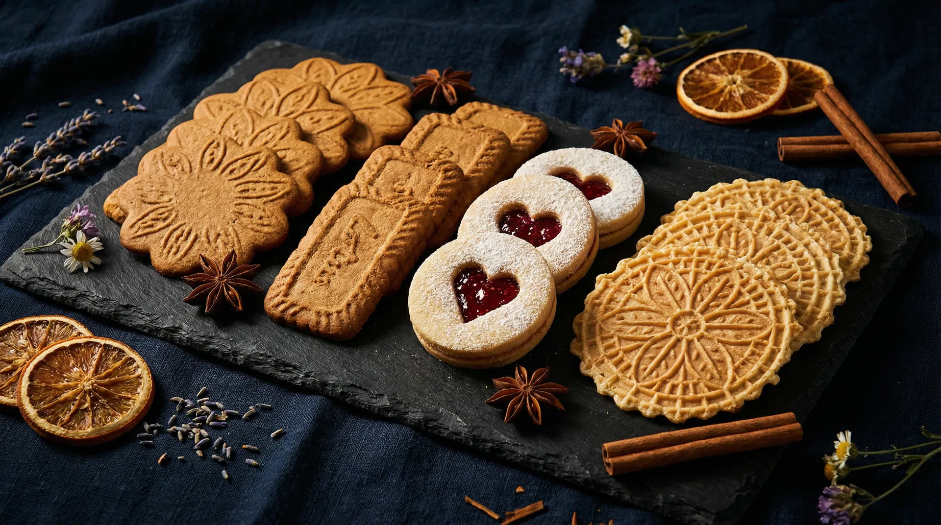 European cookies — pepparkakor, speculoos, Linzer, and pizzelle arranged on dark slate with spices