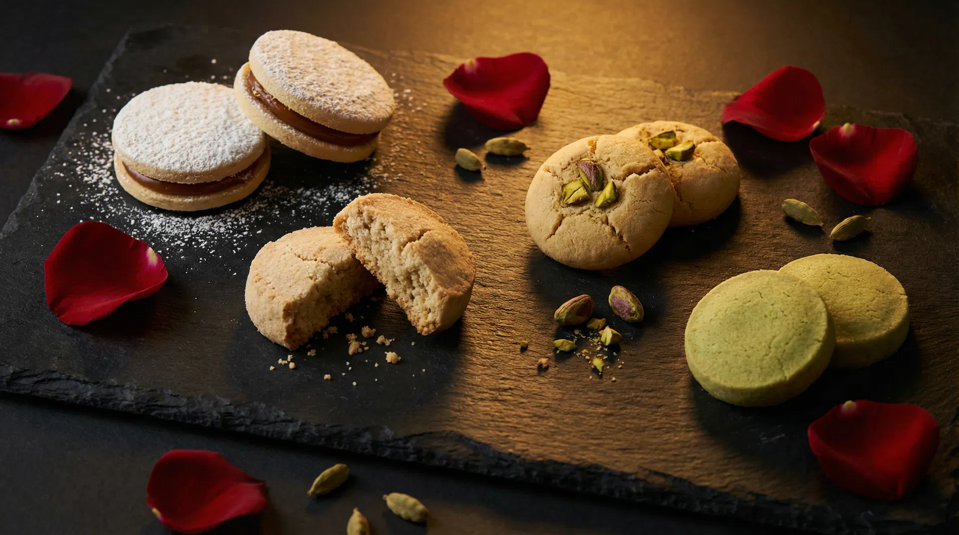 Argentine alfajores, Mexican polvorones, Indian nankhatai, and Japanese matcha shortbread on dark slate with rose petals