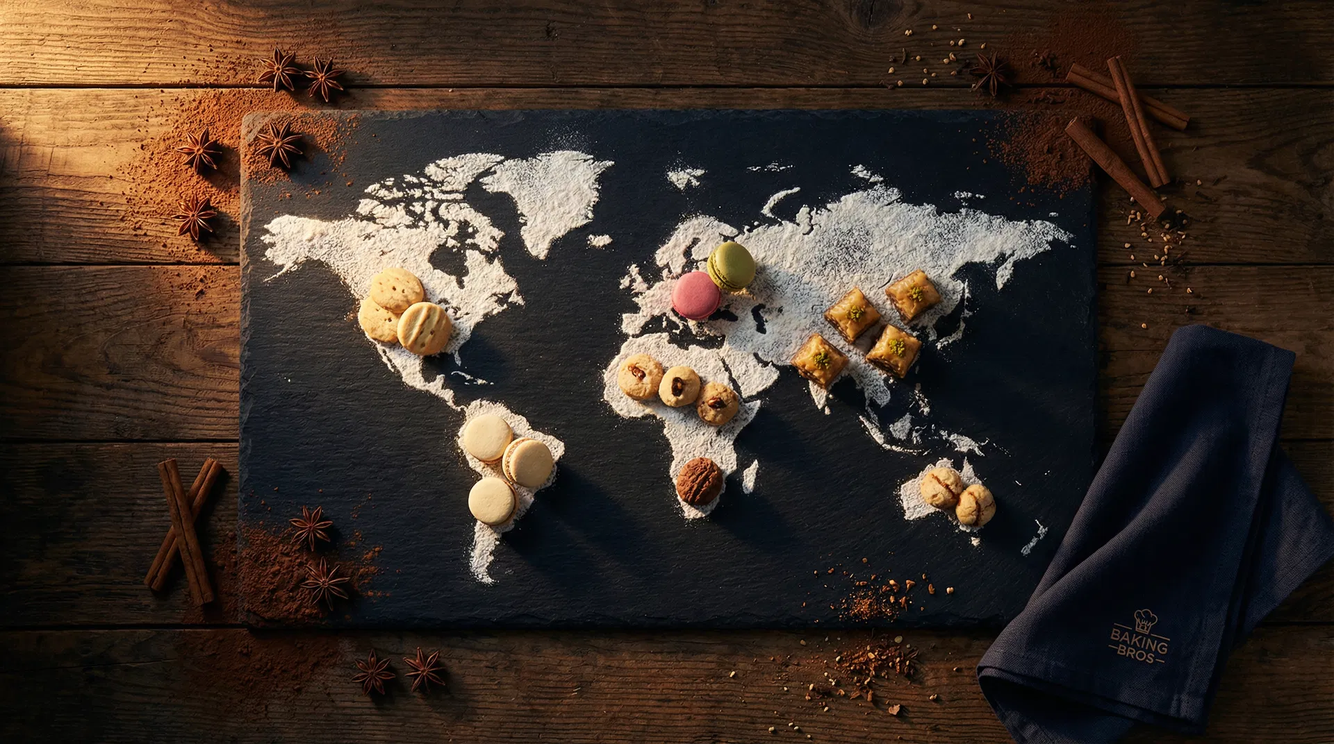 World map made of flour on dark slate with international cookies placed on each continent