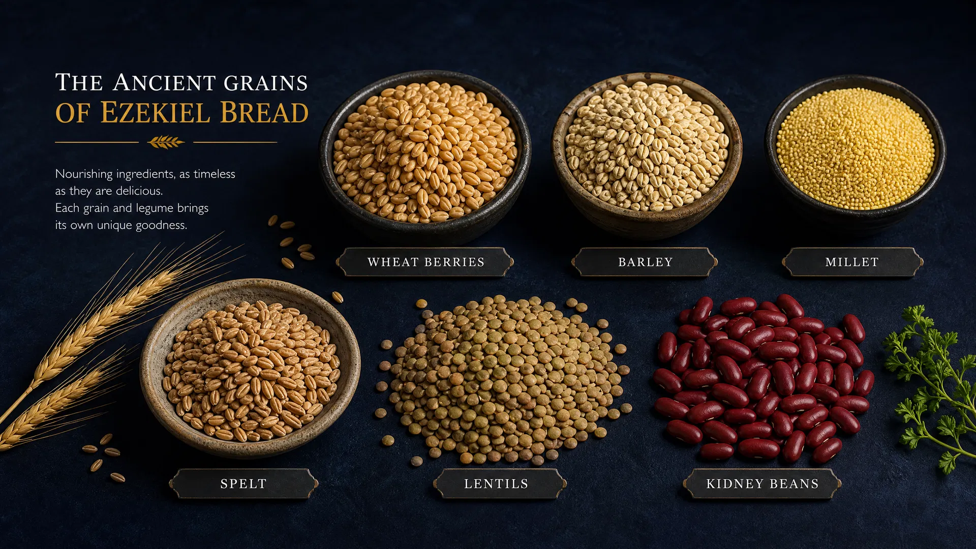 Display of six ancient grain varieties labeled: wheat berries, barley, millet, spelt, lentils, kidney beans