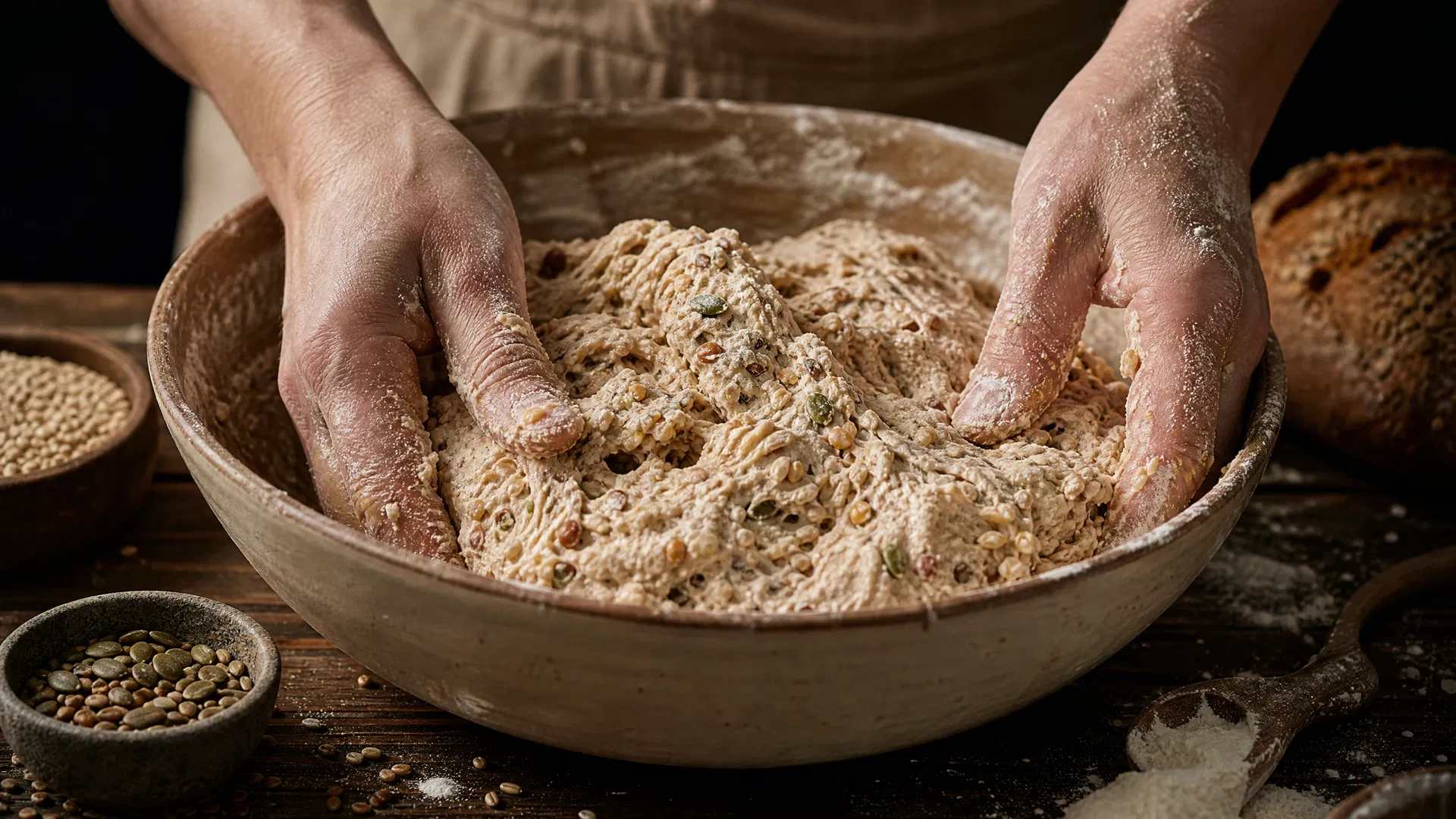 Baker's hands mixing Ezekiel bread dough with visible grains and legumes