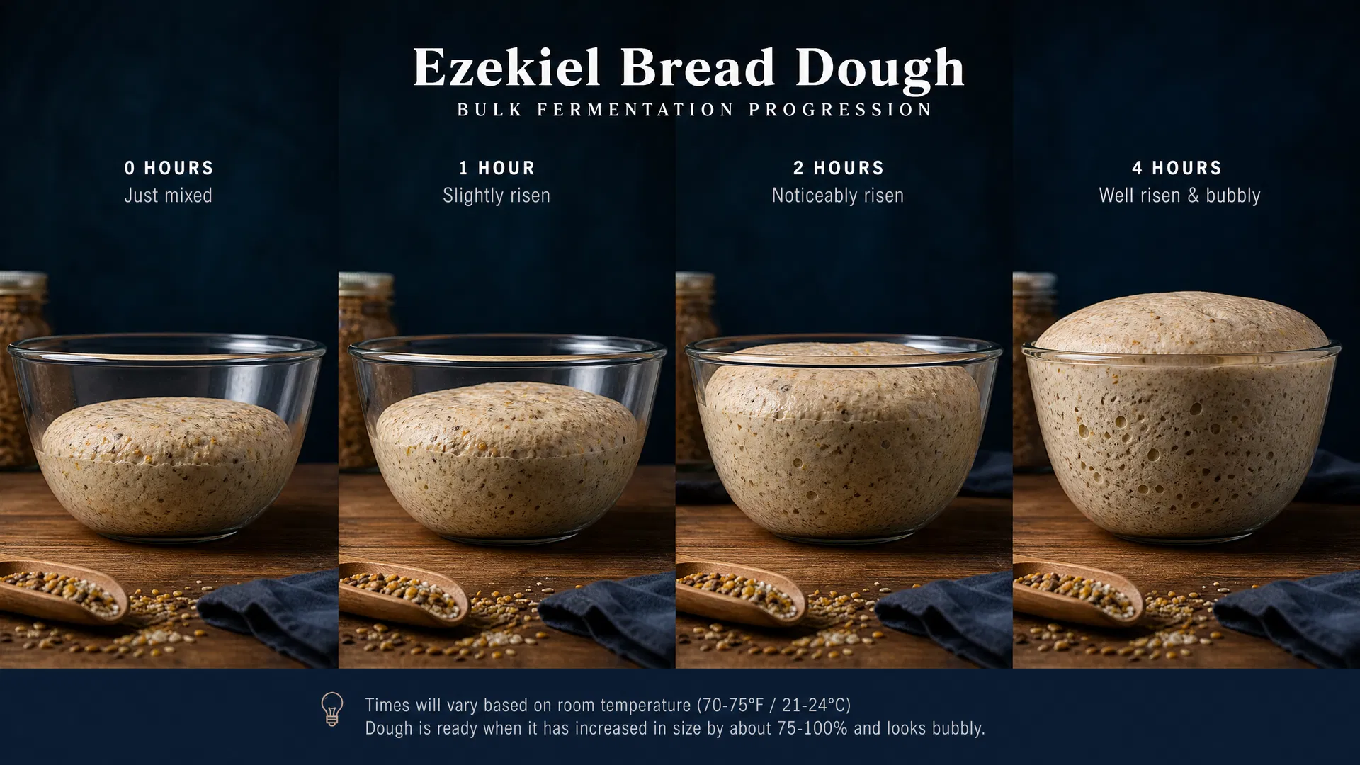 Time-lapse of Ezekiel bread dough rising during bulk fermentation in glass bowl