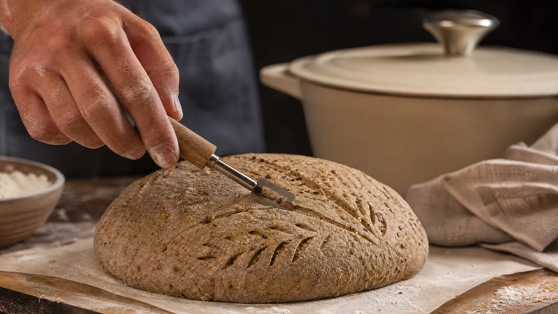 Baker's hand scoring Ezekiel bread dough with lame, Dutch oven visible in background