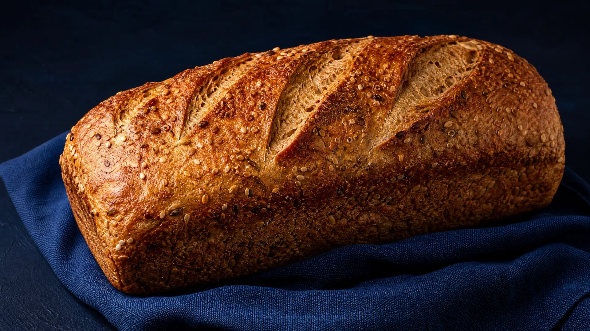 Finished Ezekiel bread loaf fresh from oven with golden-brown crust