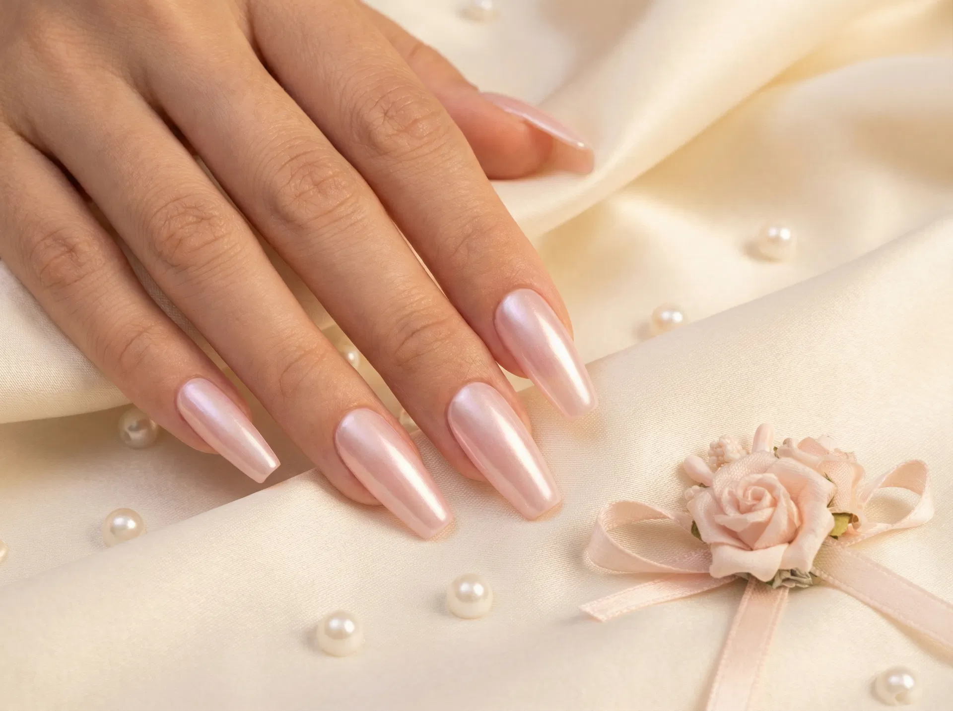 Soft pink pearl chrome nails with corsage — classic prom look from Polished by Kim