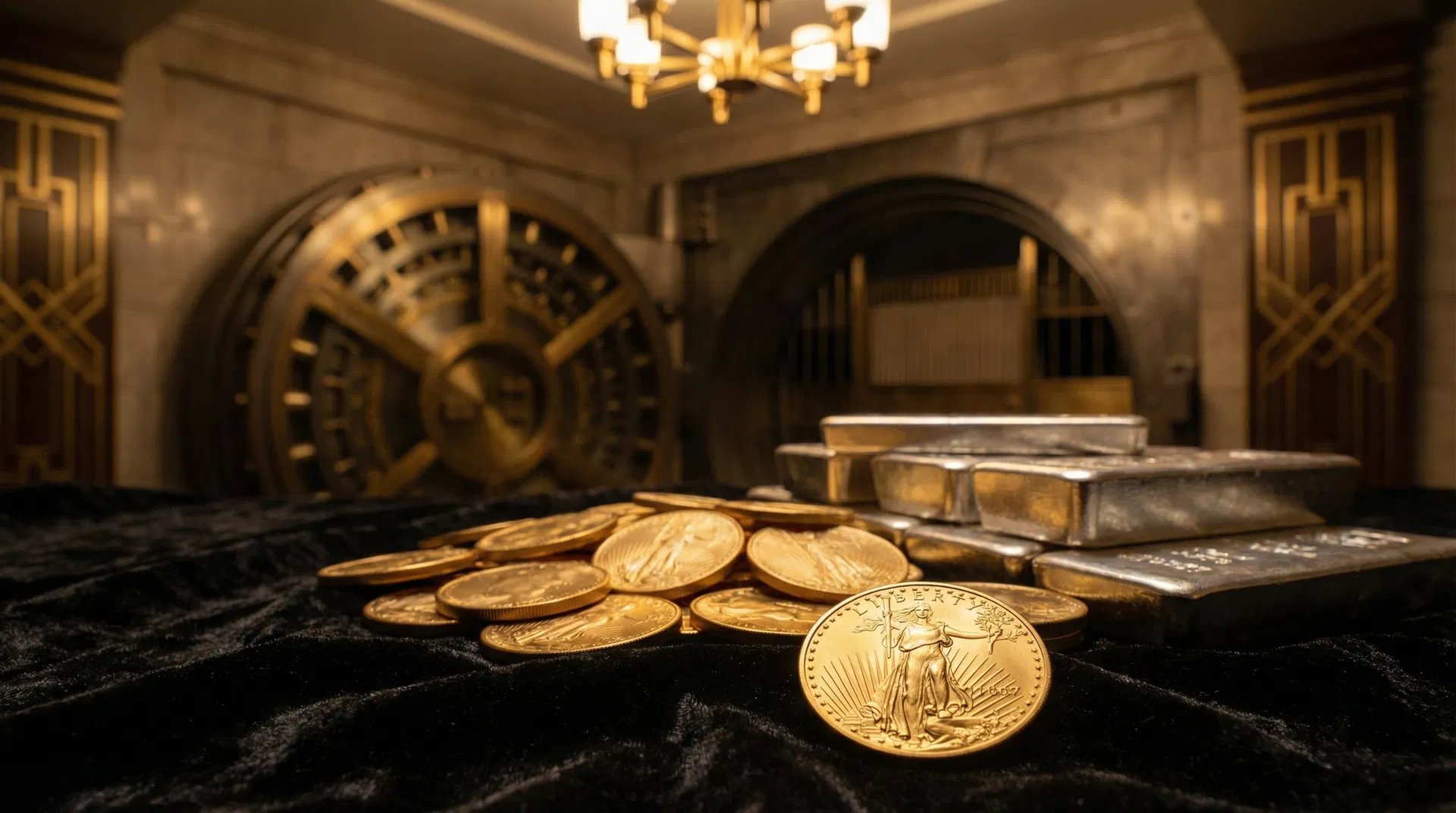Gold coins and silver bars in a vault